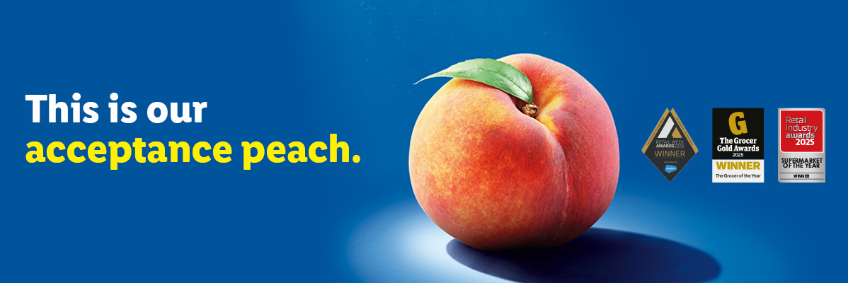 A peach with a leaf on a blue background, next to text that reads 'This is our acceptance peach.' and three award badges.