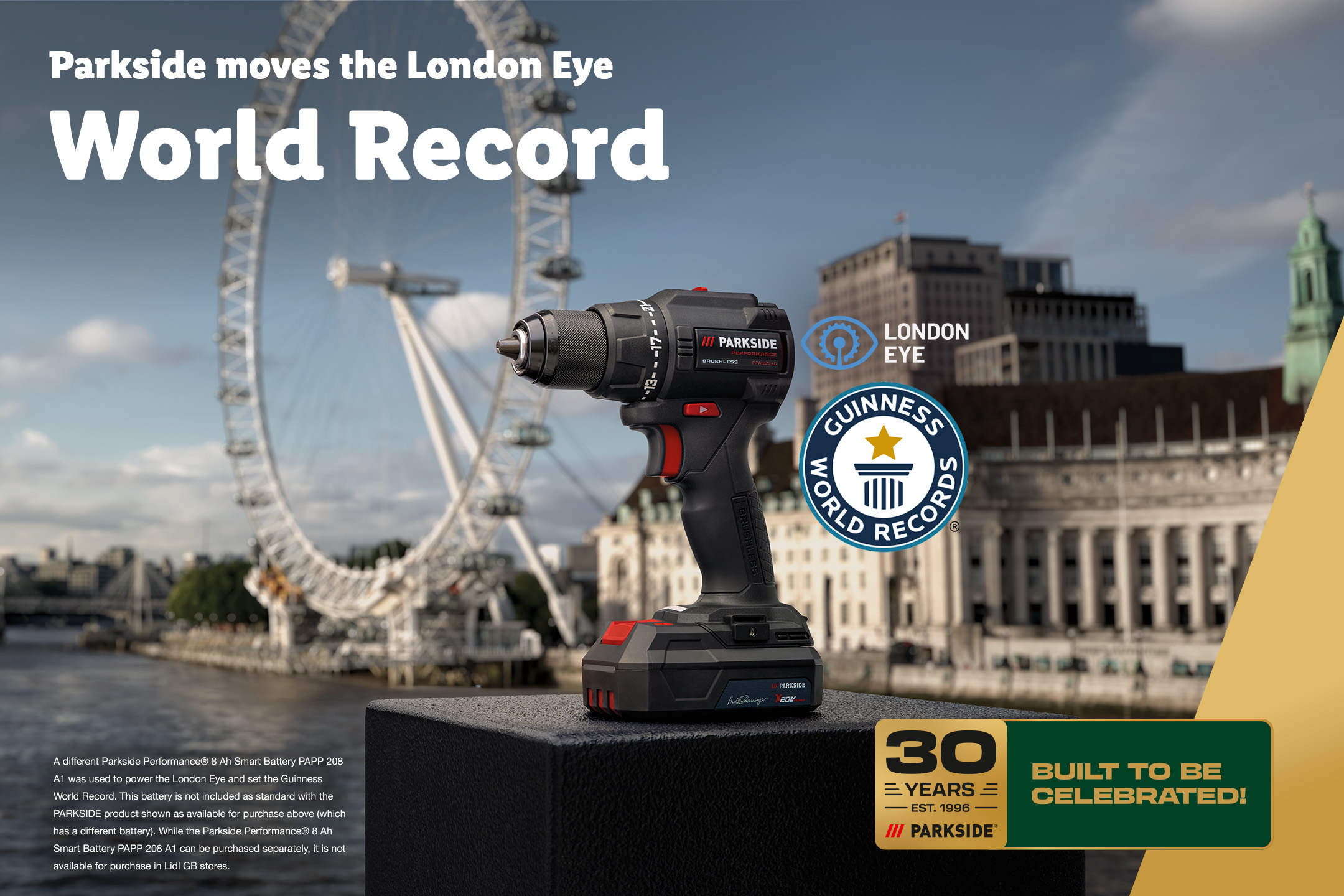 A power drill with a battery, set against the London Eye, celebrating a world record and 30 years of the brand.