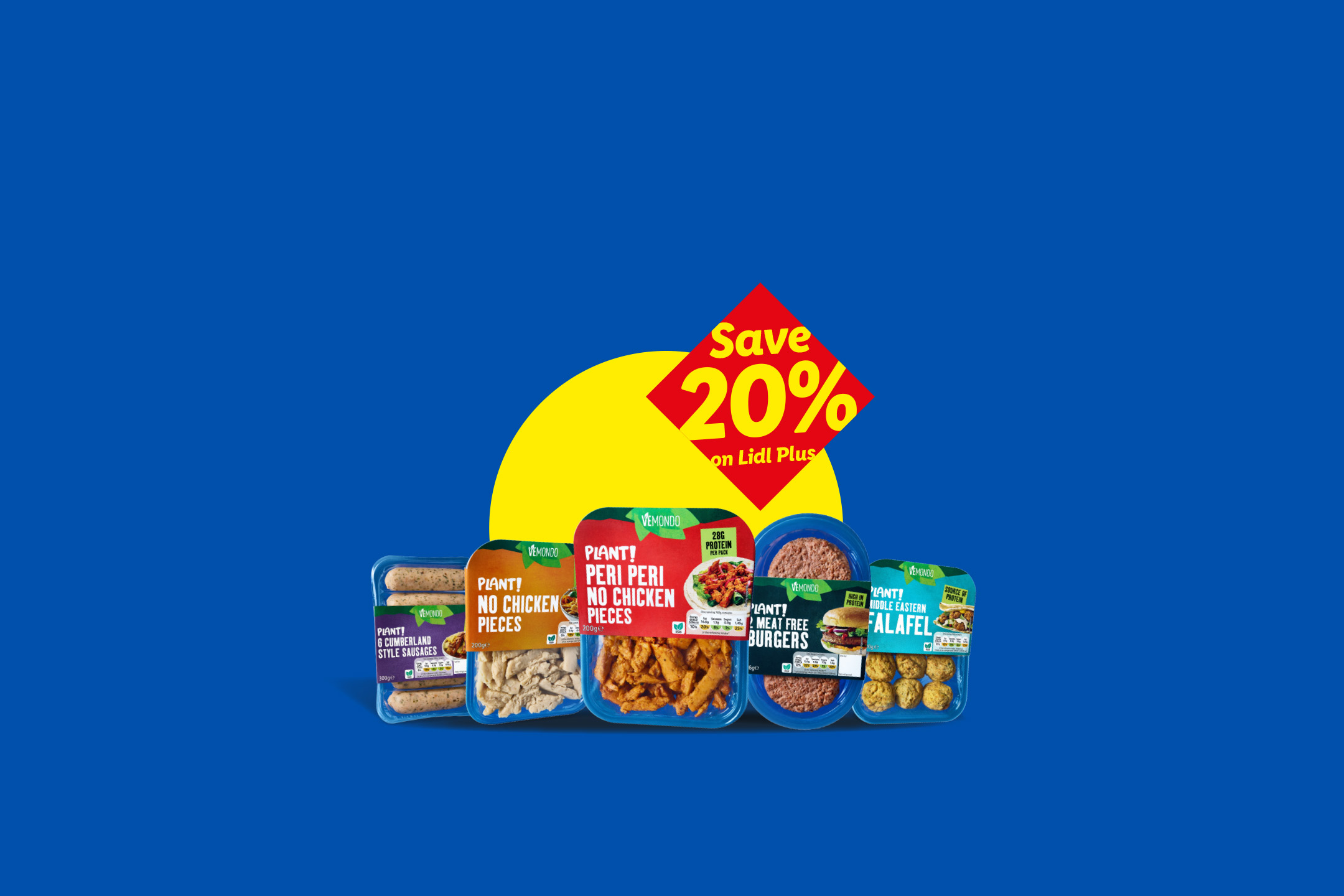 Vemondo Plant! products, including sausages, chicken pieces, burgers, and falafel, with a 'Save 20% on Lidl Plus' offer.