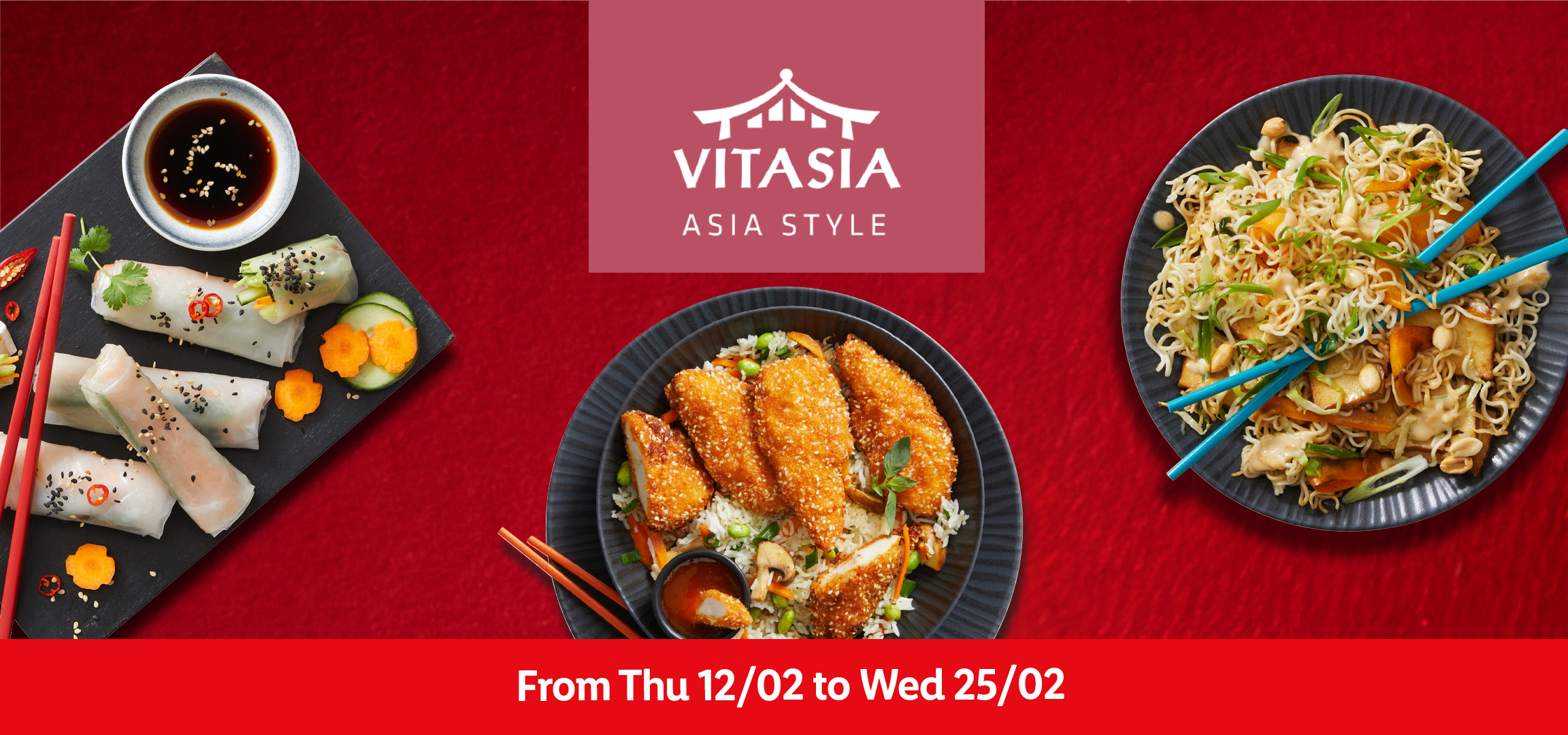 Asian-style dishes: a noodle salad with mango and a sesame chicken with rice, with a promotional banner.