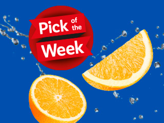 Oranges splashing in water, 'Pick of the Week' label.
