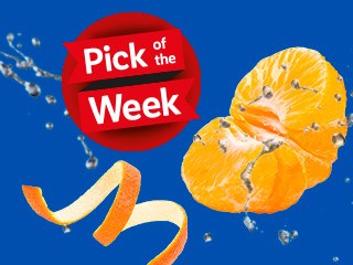 A peeled orange with water droplets and an orange peel, next to a red circle with 'Pick of the Week' text.