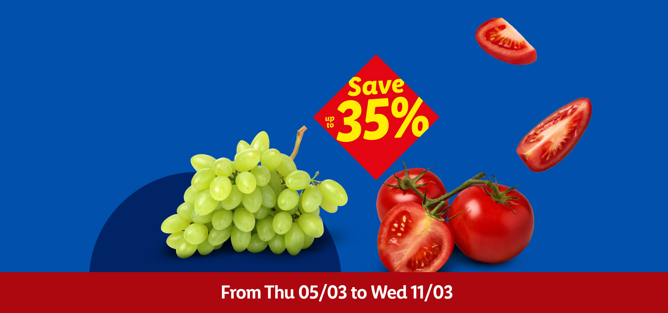 Kiwi, grapes, and tomatoes on a blue background with a 'Save up to 35%' offer and dates.