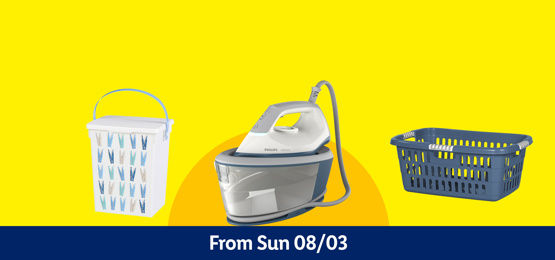 Laundry day essentials: a storage bag, a peg caddy, a steam iron, and a laundry basket. From Sun 08/03.