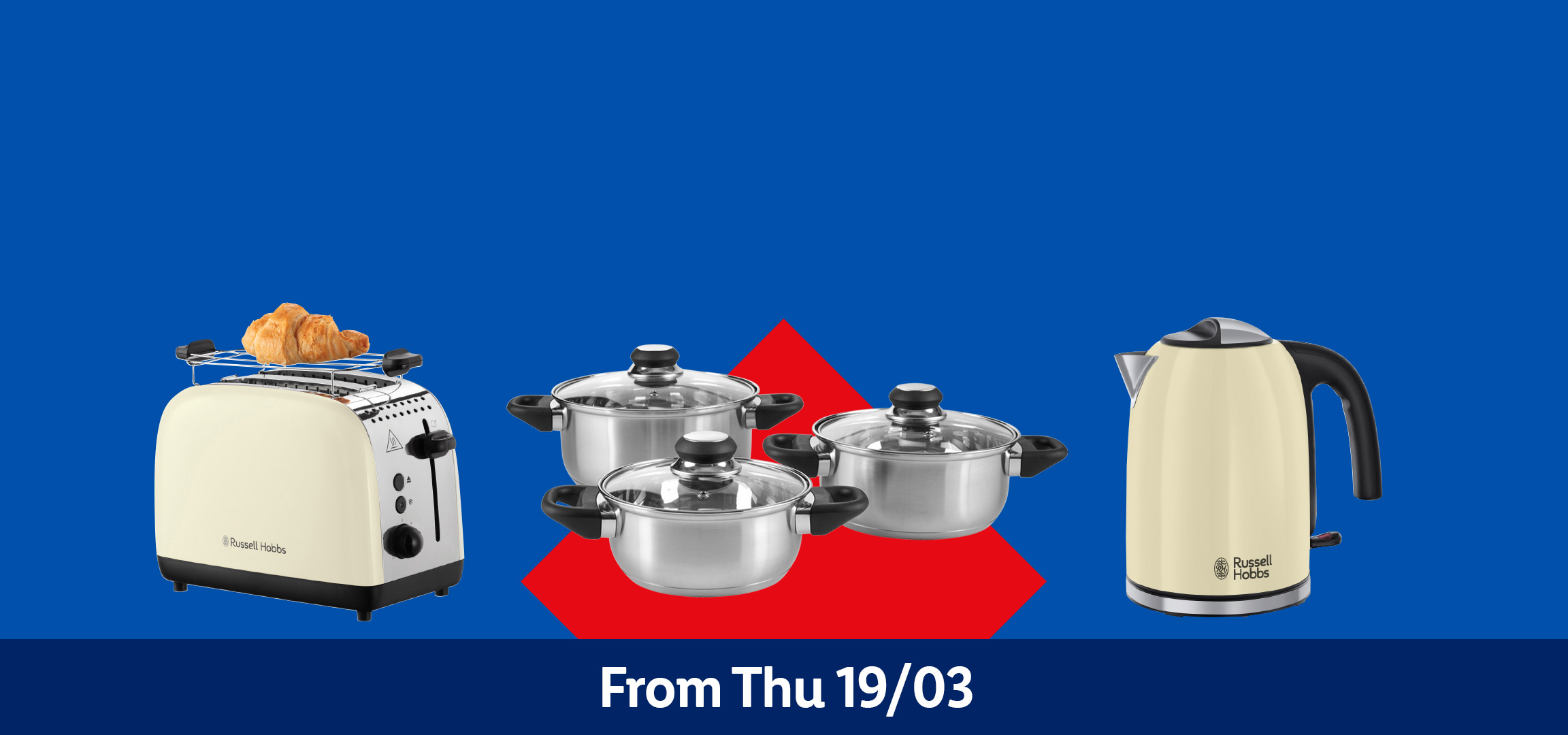 Cream toaster with croissant, three stainless steel pots, and a cream kettle. From Thu 19/03.