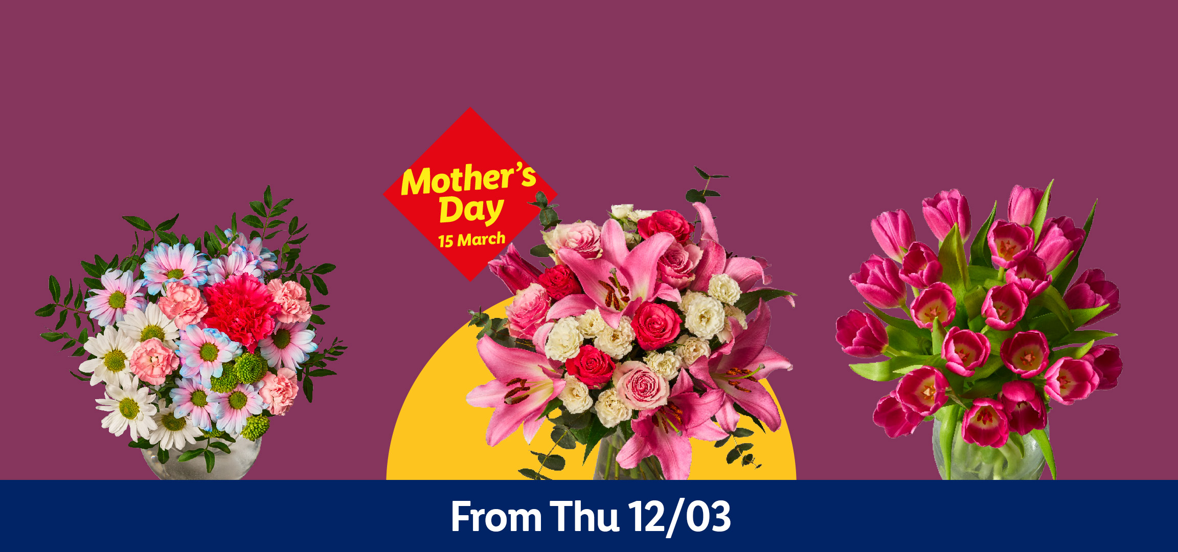 Mother's Day flowers from March 12th, including tulips, lilies, and mixed bouquets.