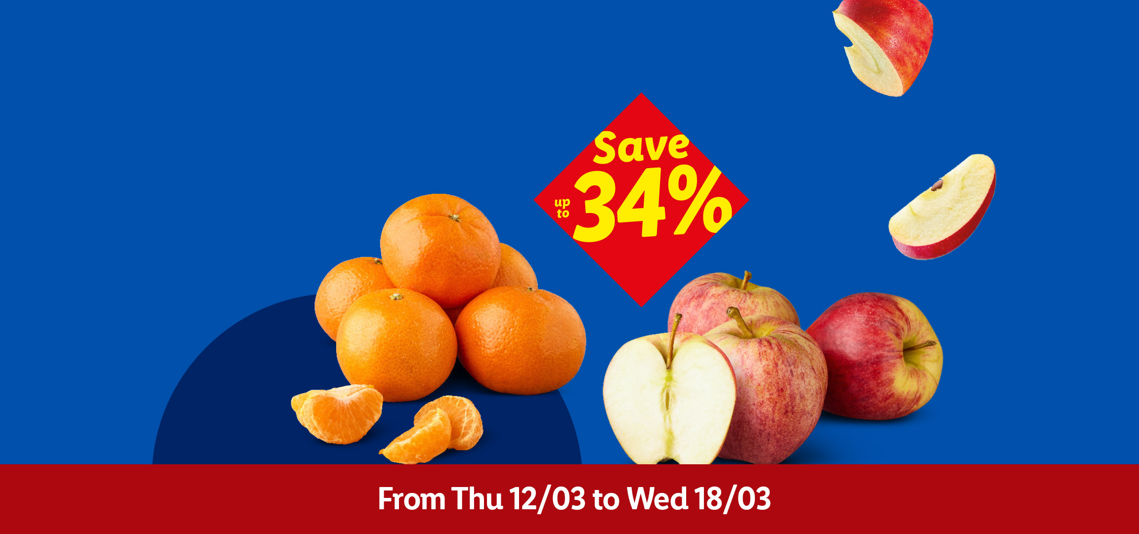 Savoy cabbage, oranges, and apples on a blue background with a red banner indicating a sale.