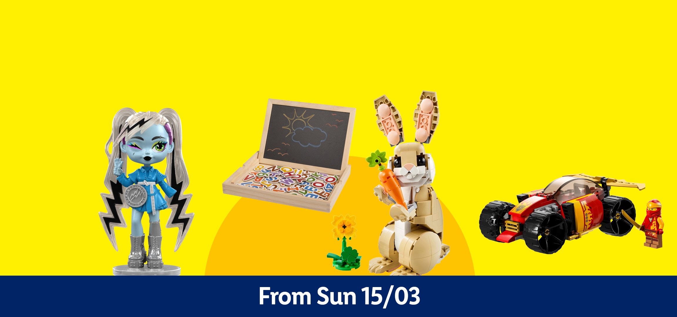 A doll, a magnetic letter board, a Lego bunny, and a Lego car. From Sun 15/03.