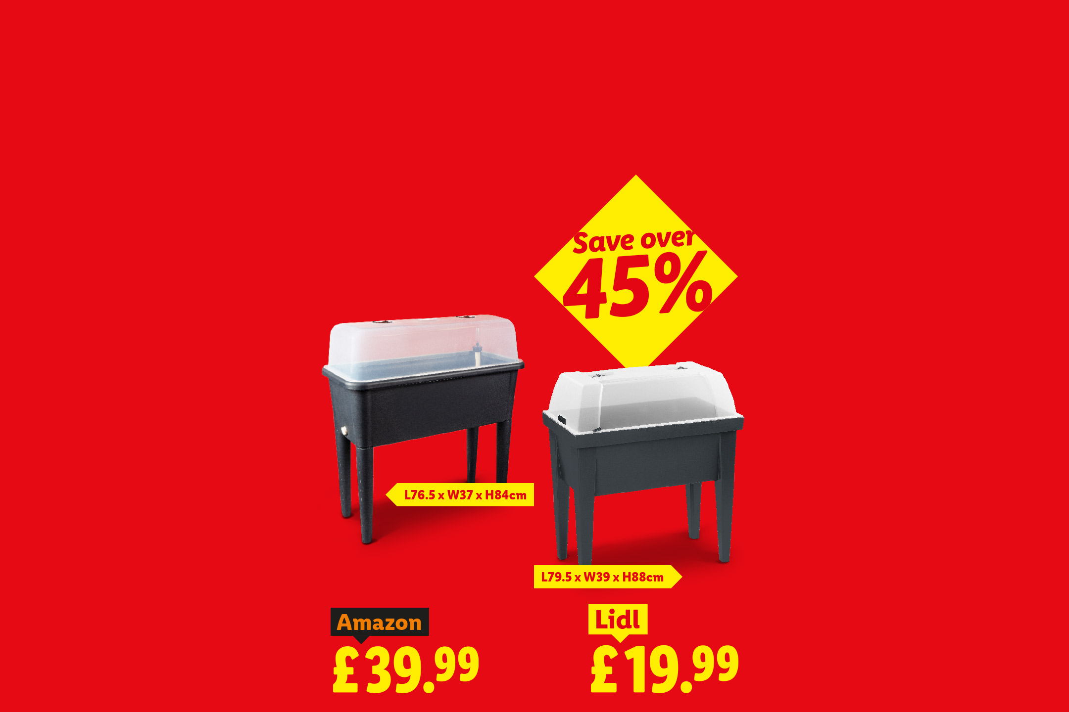 Two raised garden beds with clear covers, one priced at £39.99 and the other at £19.99, with a 'Save over 45%' badge.