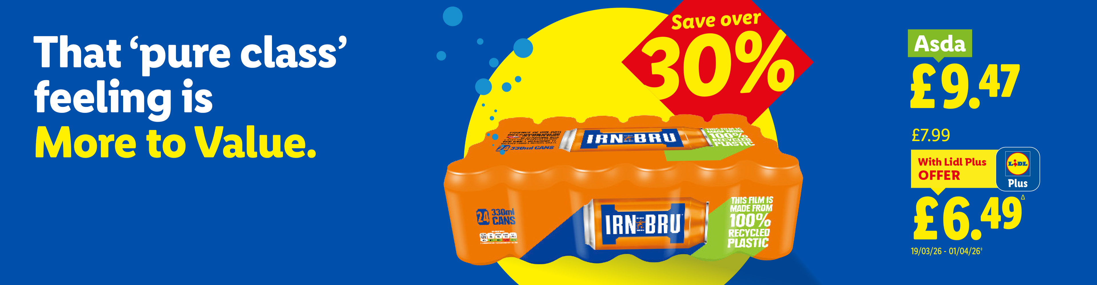 A 24-pack of orange soda cans, with a price comparison showing savings over 30% at Lidl.