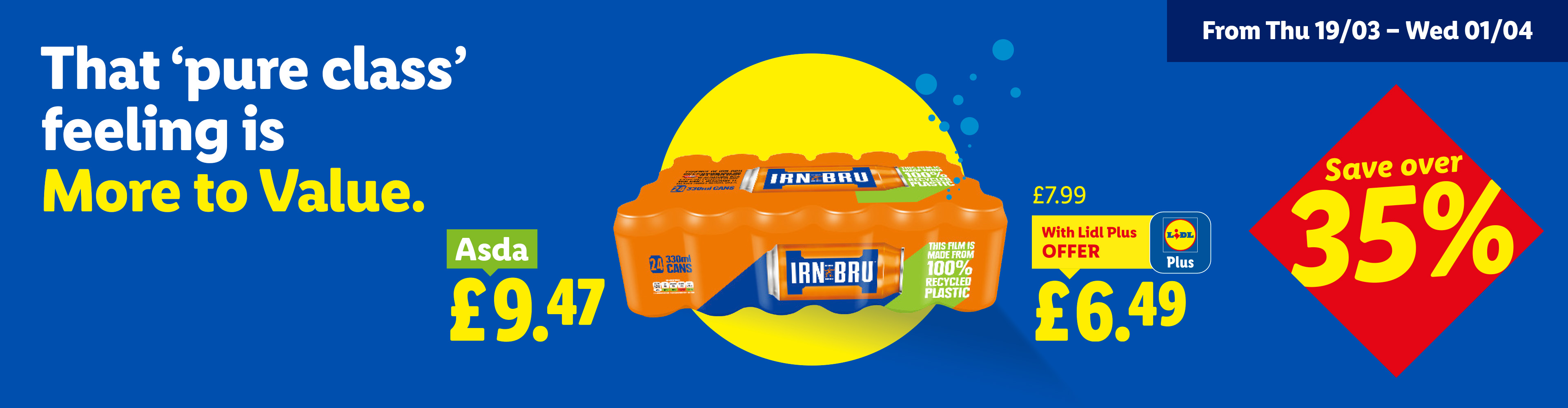 An advertisement for a 24-pack of orange soda cans, comparing prices between two stores, with a discount of over 30% available with a loyalty program.