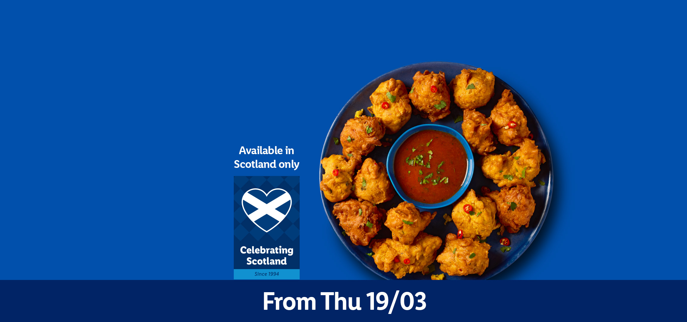 Scottish food spread with pakora, chutney, cheese, and crackers. Available in Scotland only from Thu 19/03.
