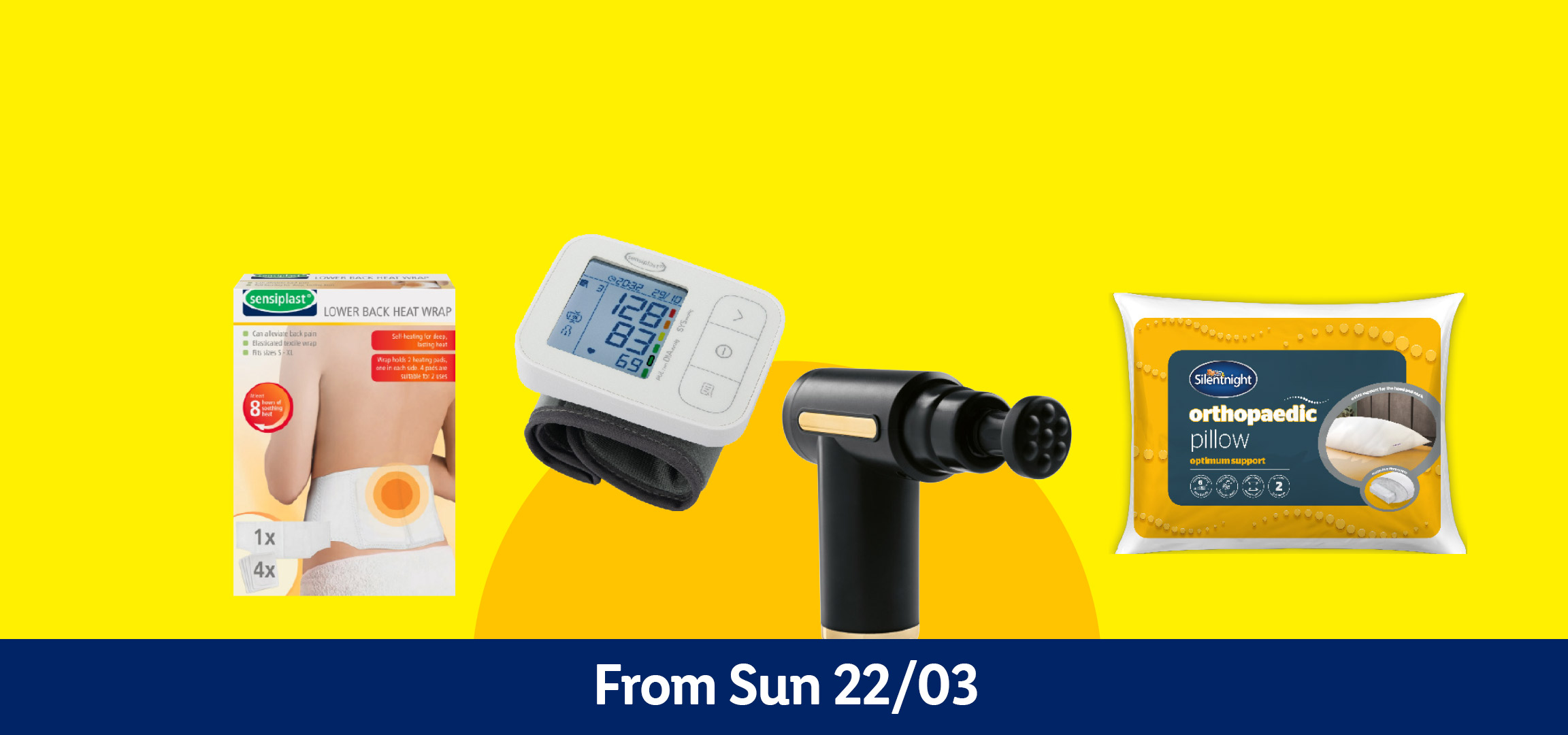 Lower back heat wrap, blood pressure monitor, massage gun, and orthopaedic pillow.