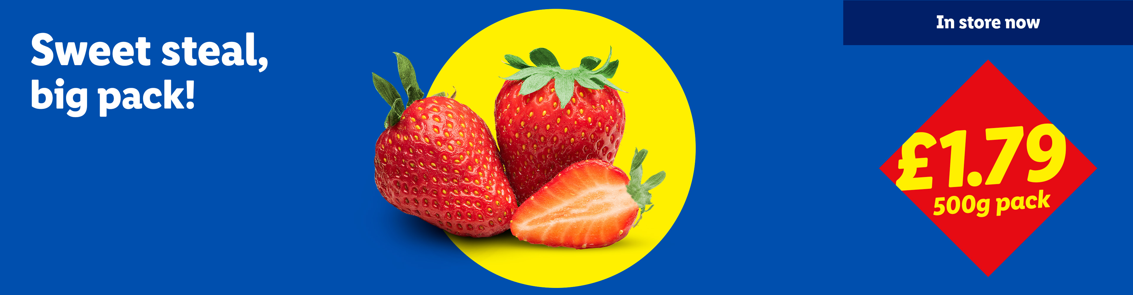 Strawberries on a blue background with a yellow circle, priced at £1.79 for a 500g pack.