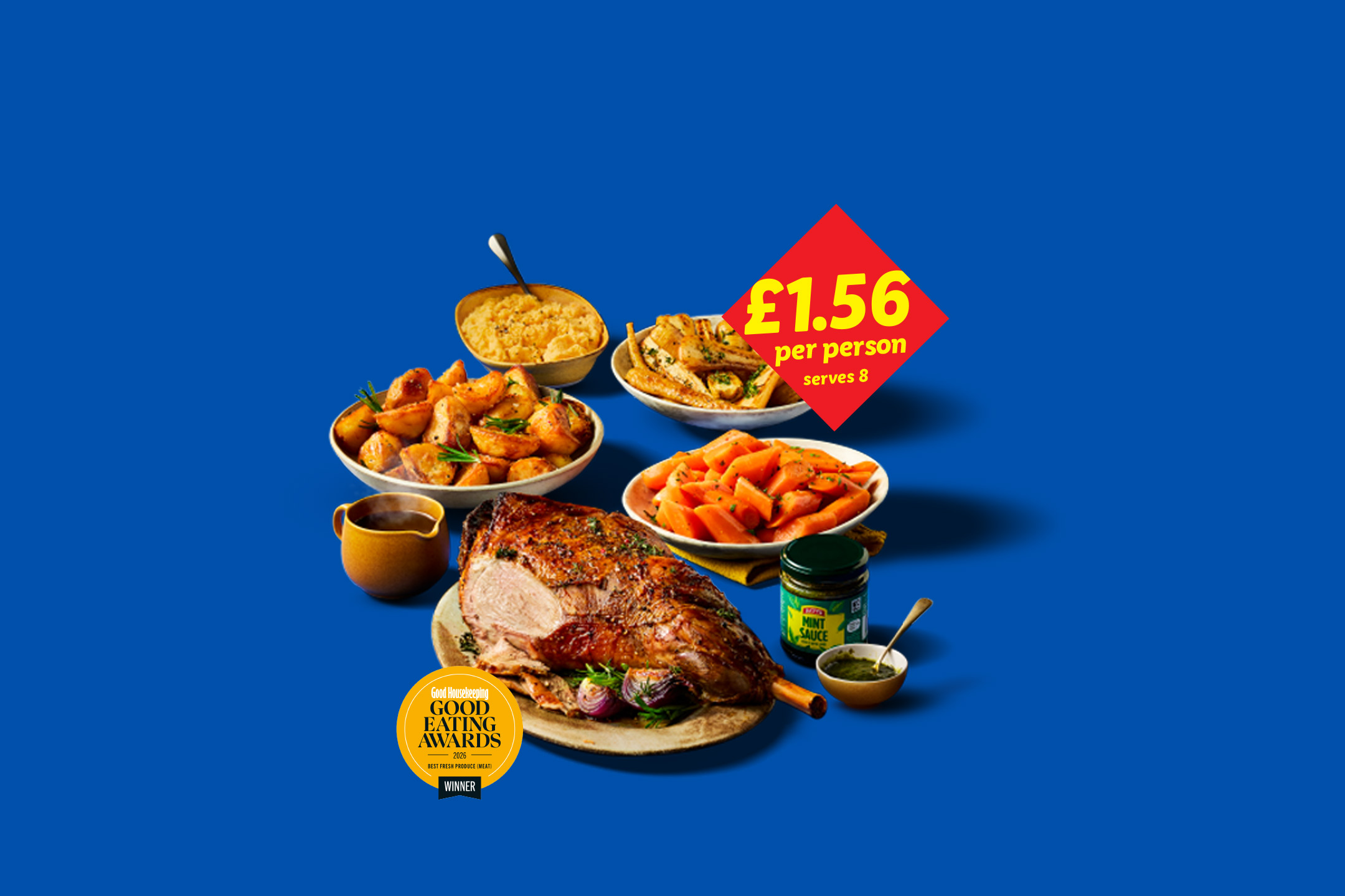 Roasted lamb leg with potatoes, carrots, and other sides, priced at £1.56 per person, serving 8.