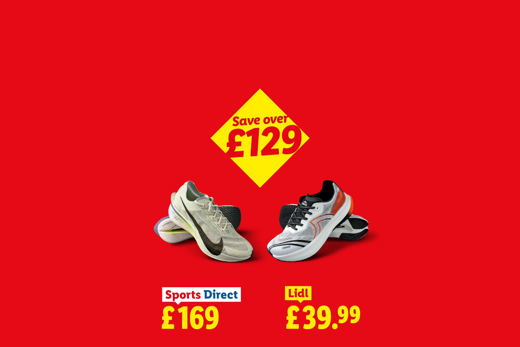 Running shoes comparison: one pair at £169, another at £39.99, saving over £129.