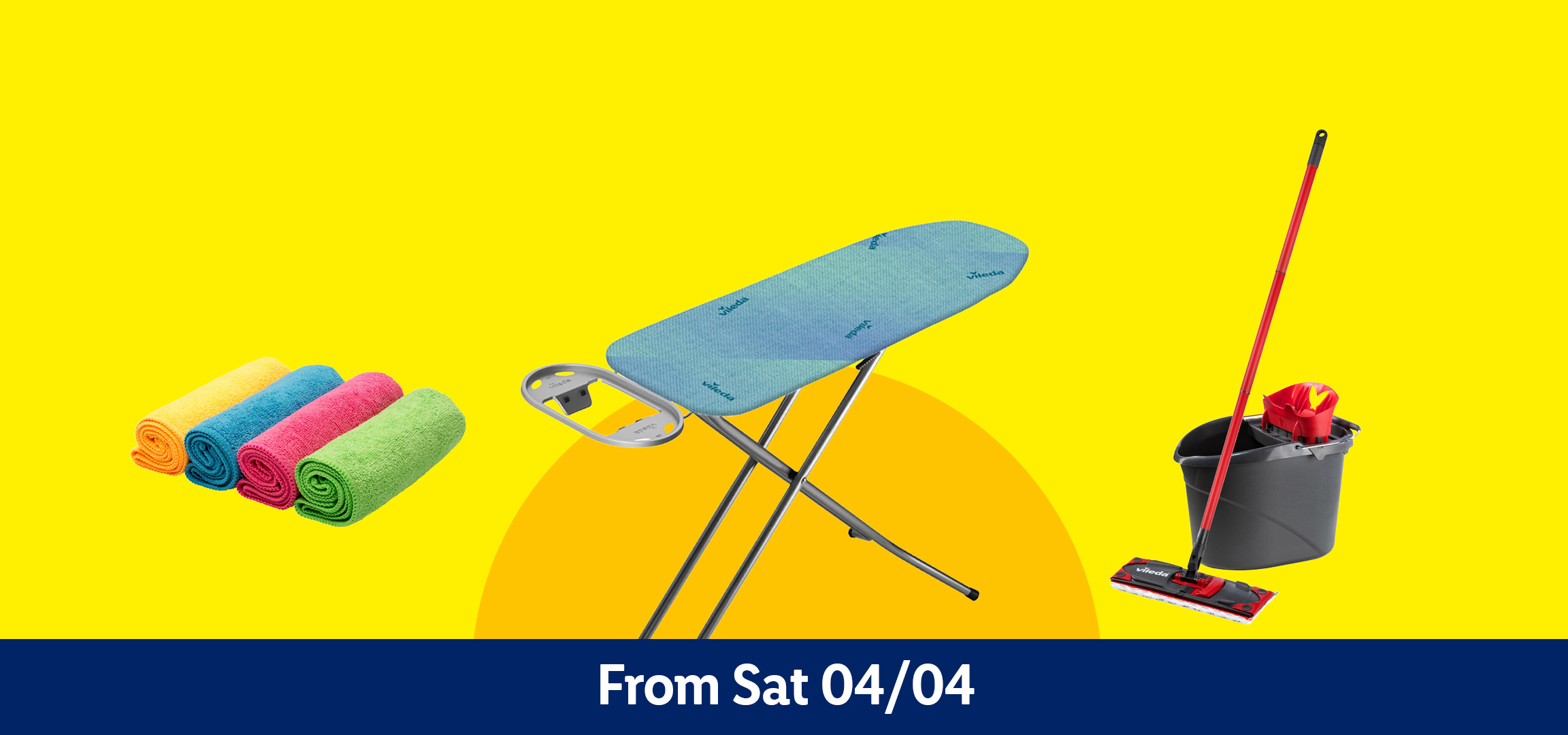 Cleaning supplies including mops, bucket, microfiber cloths, and an ironing board. From Sat 04/04.