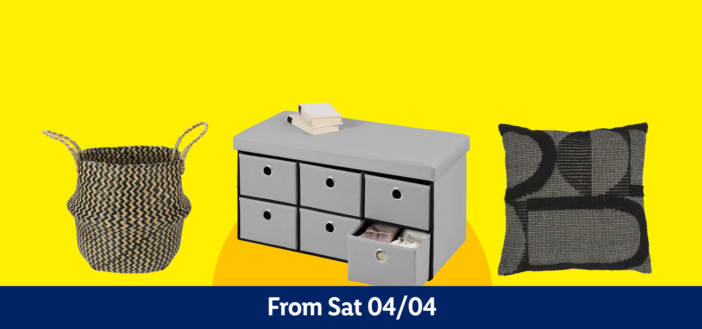 Home decor items: a black desk lamp, a woven basket, a grey storage ottoman, and a patterned cushion. From Sat 04/04.