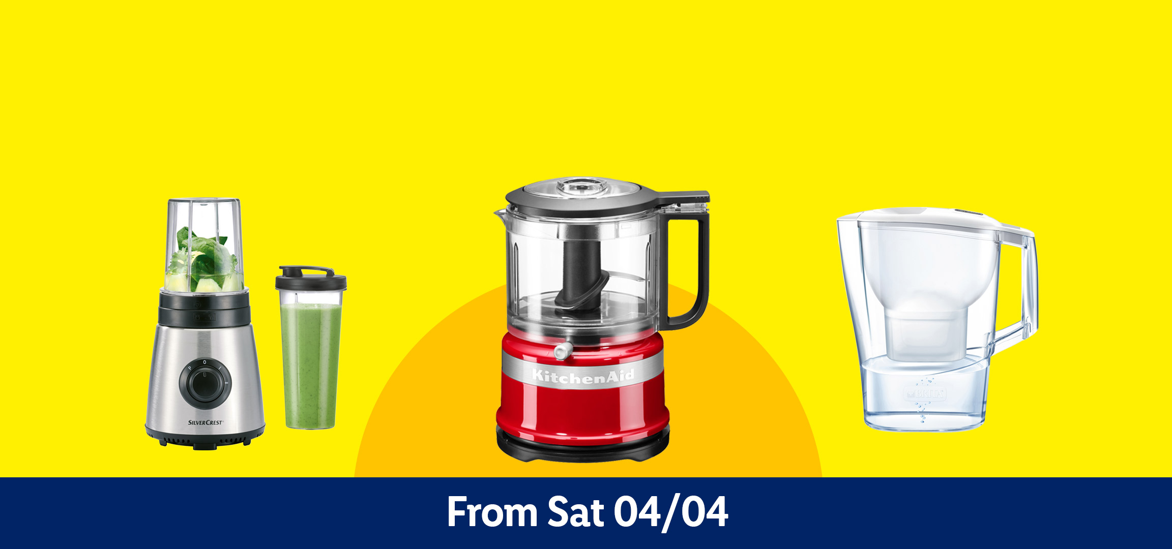 Kitchen appliances and cookware, including a water filter, frying pan, food processor, and blender.