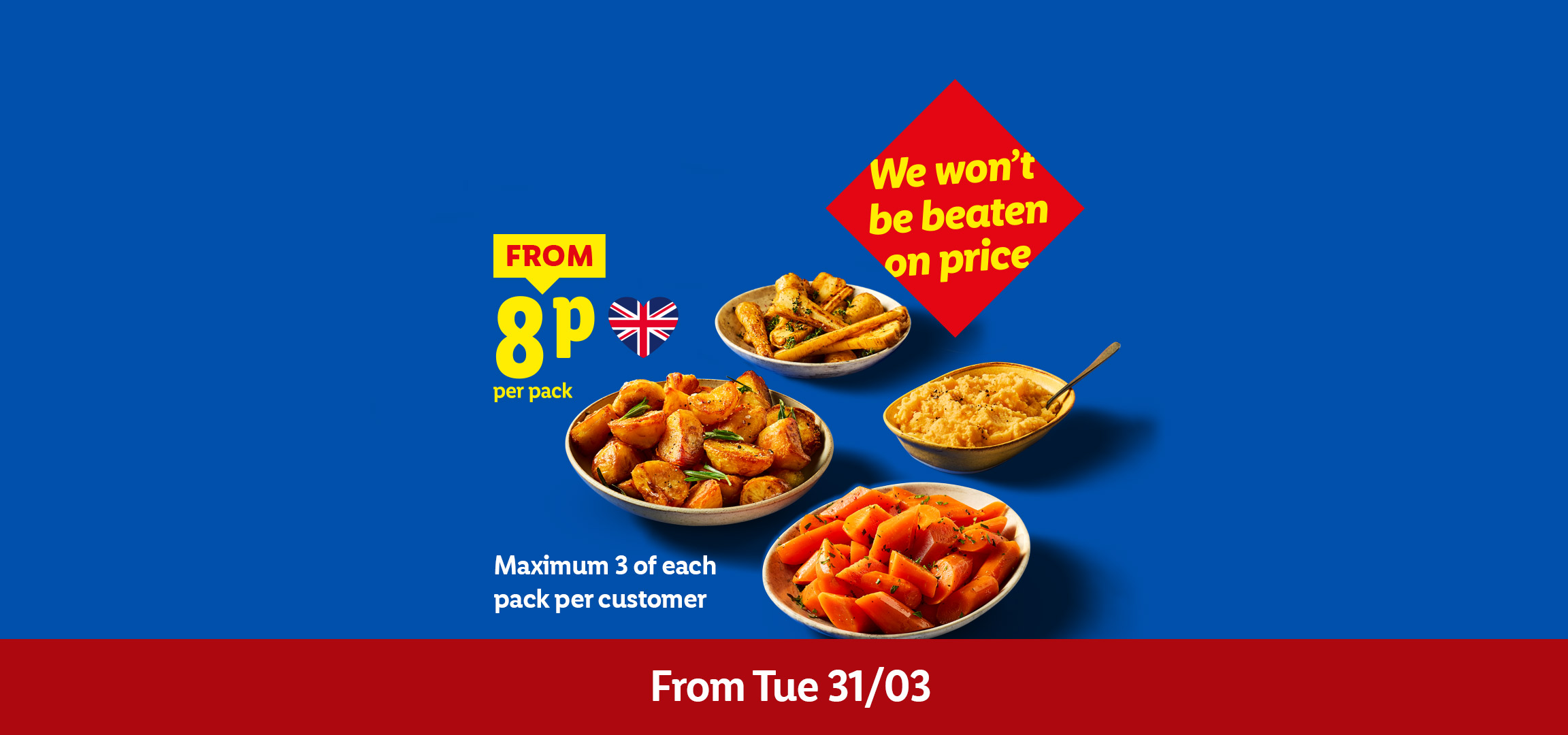 Various roasted vegetables and mashed swede, with text 'From 8p per pack' and 'We won't be beaten on price'.
