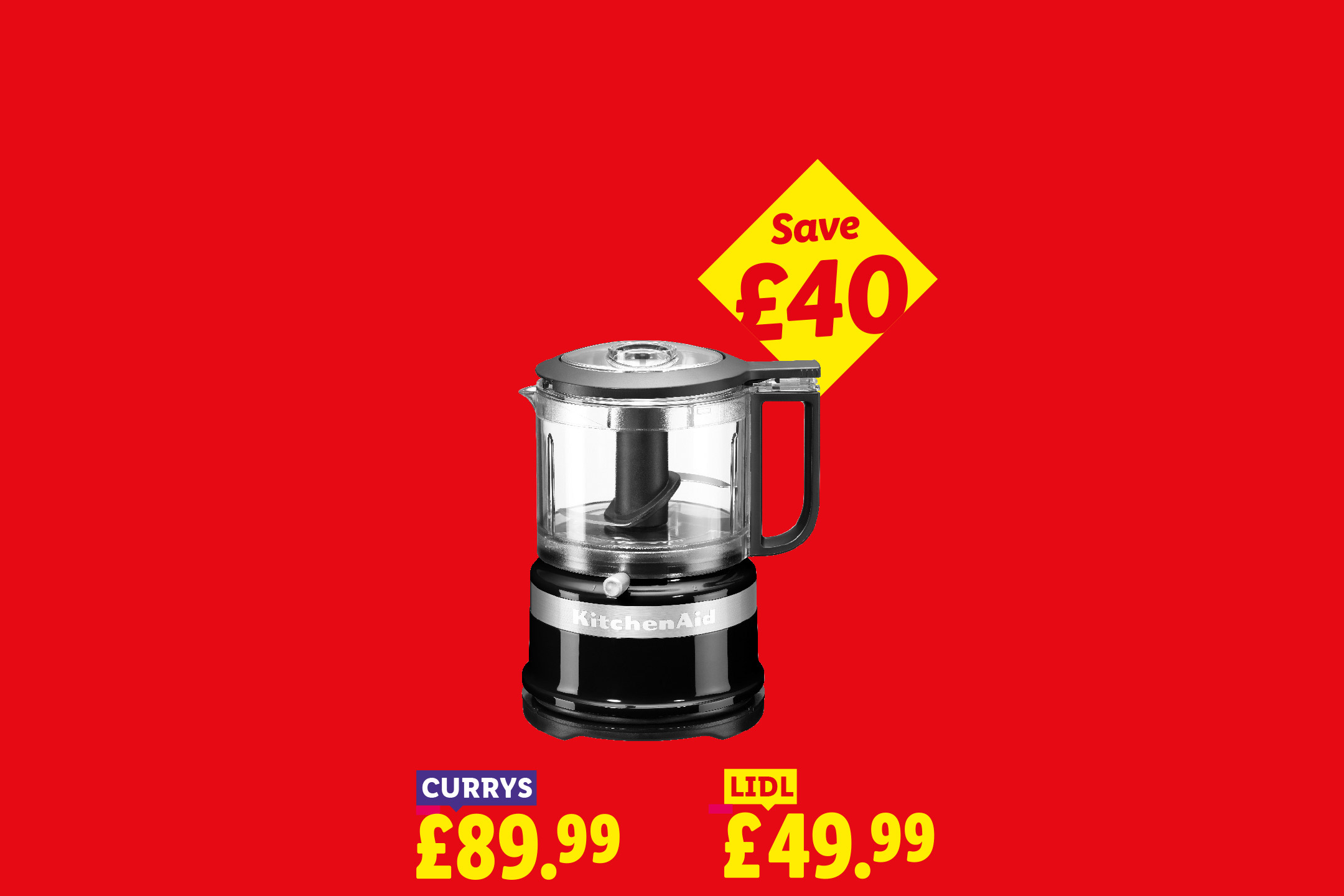 A food processor on a red background with a yellow 'Save £40' tag, priced at £89.99 at Currys and £49.99 at Lidl.