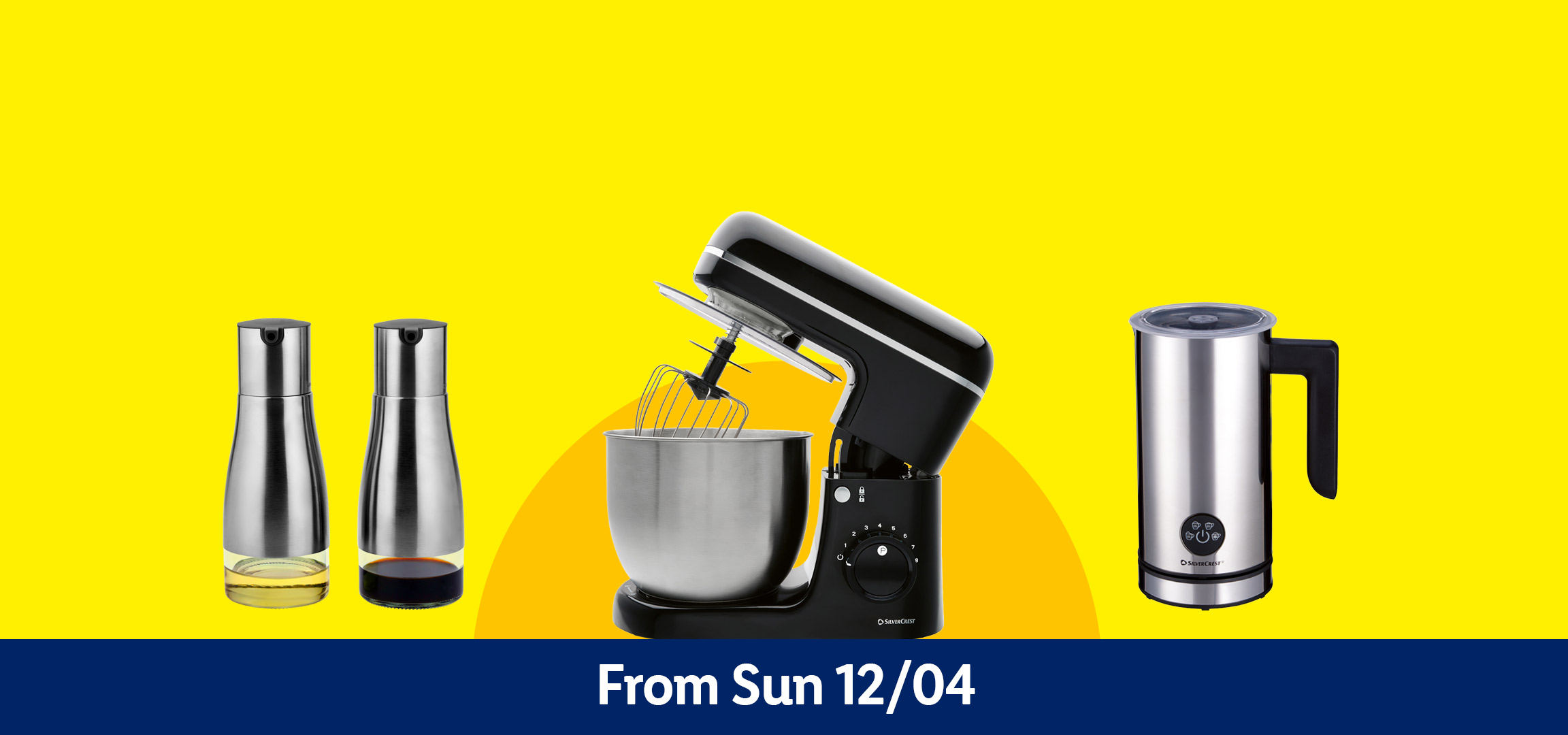 Kitchen appliances and cooking essentials: oil and vinegar dispensers, frying pan with food, stand mixer, and milk frother. From Sun 12/04.