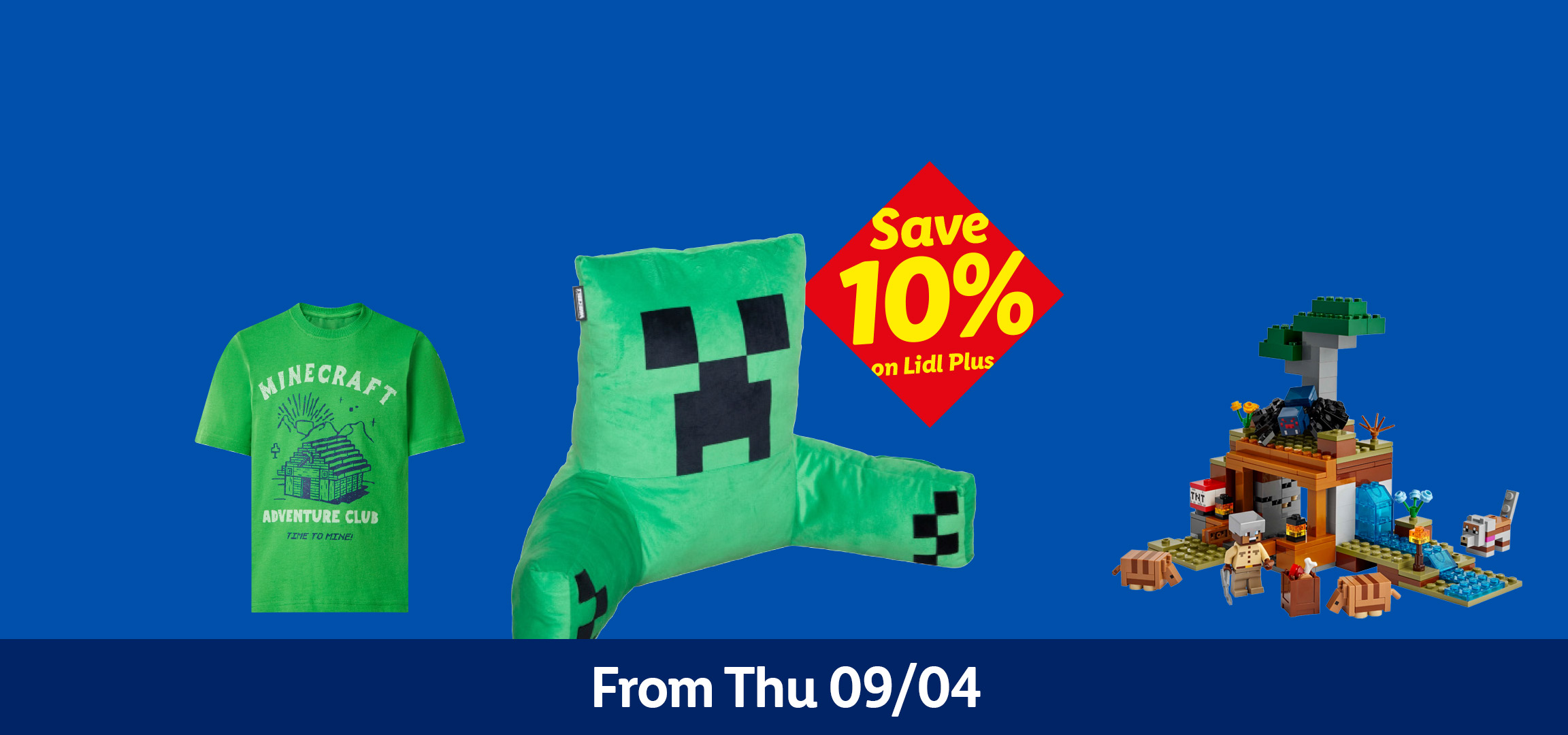 Minecraft-themed items: a Creeper plush, a green t-shirt, and a Lego set, with a 'Save 10% on Lidl Plus' offer.