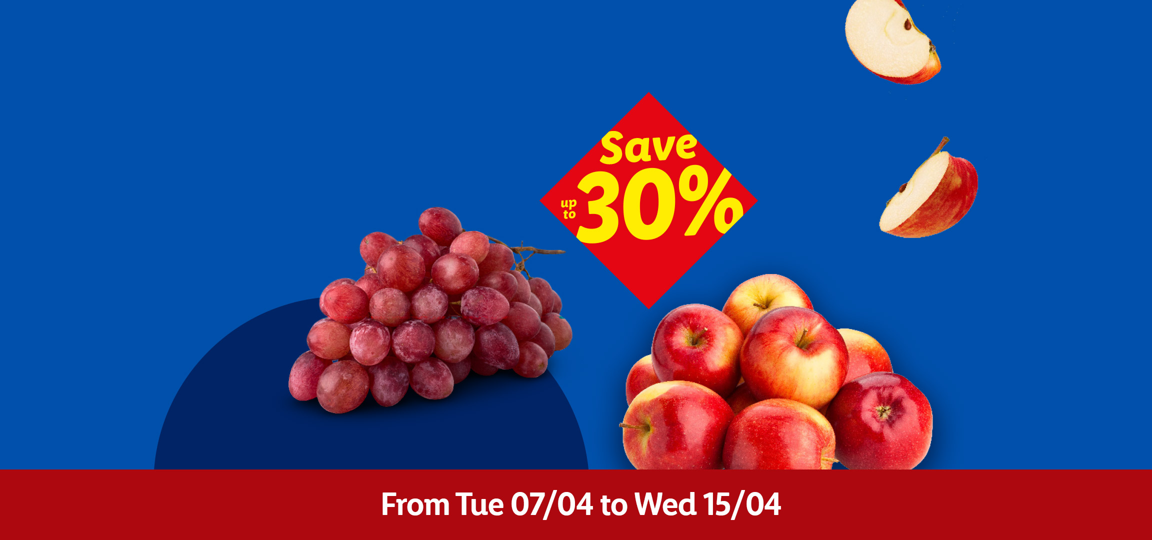 Cauliflower, red grapes, and apples on sale, with a 'Save up to 30%' banner.