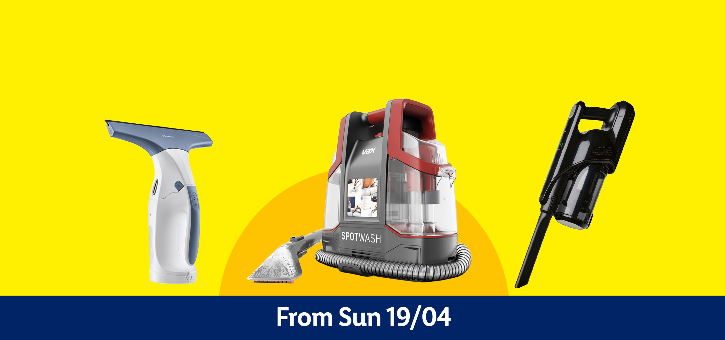 Cleaning tools: a red collapsible bucket, a window vacuum, a spot cleaner, and a handheld vacuum. From Sun 19/04.