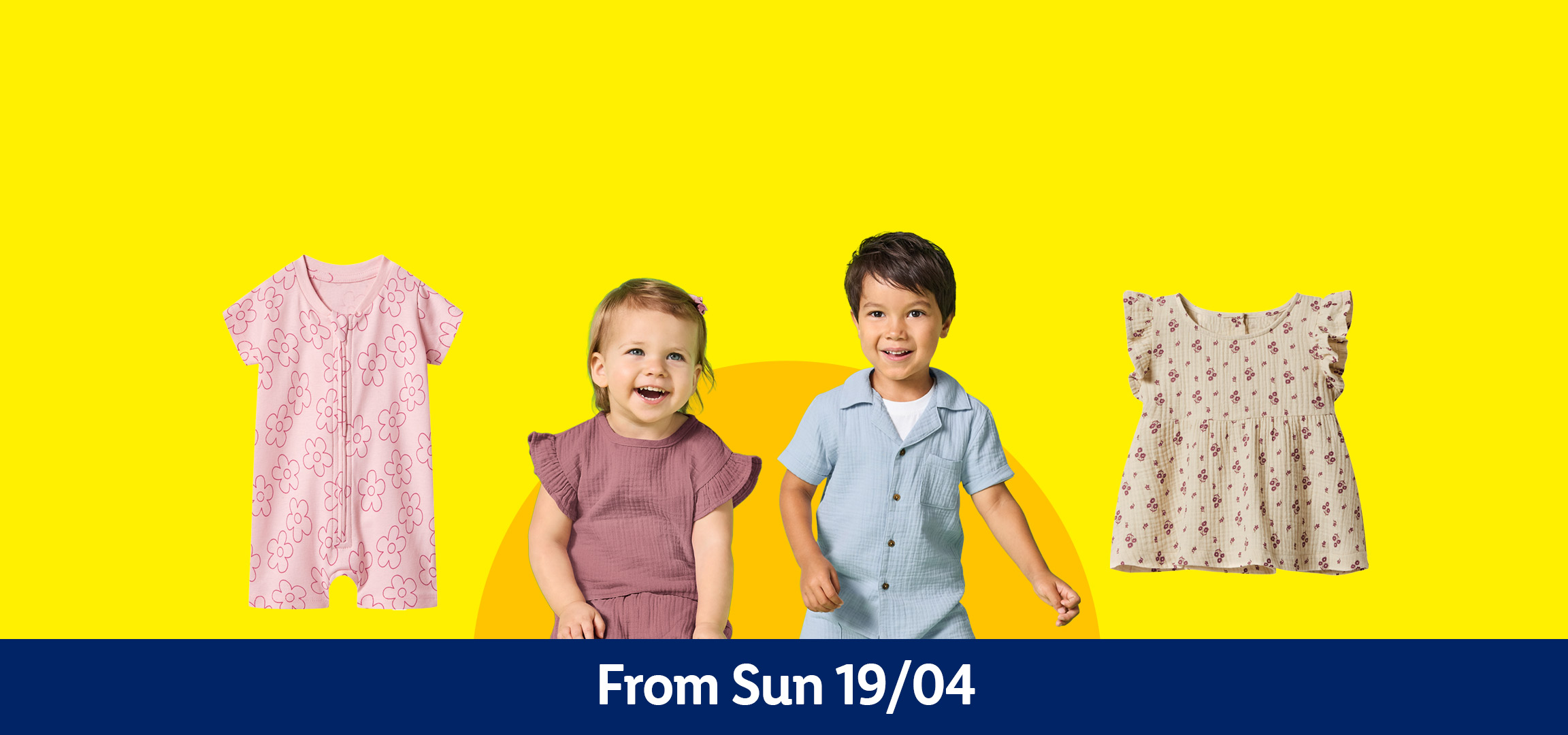 Children's clothing: pink floral romper, beige floral dress and shorts, blue shirt, and a mauve top.