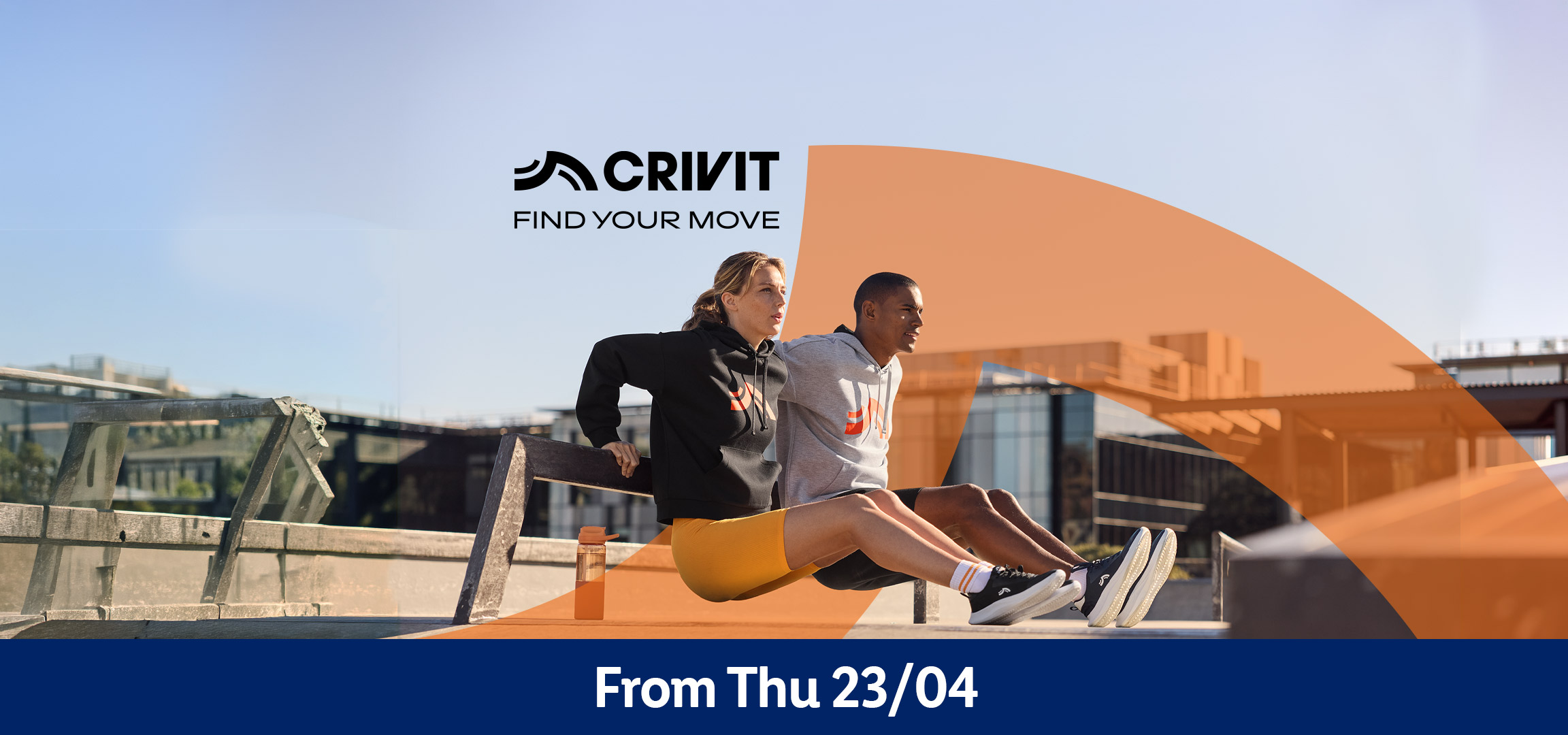 Two people exercising outdoors, wearing athletic hoodies, shorts, and sneakers.