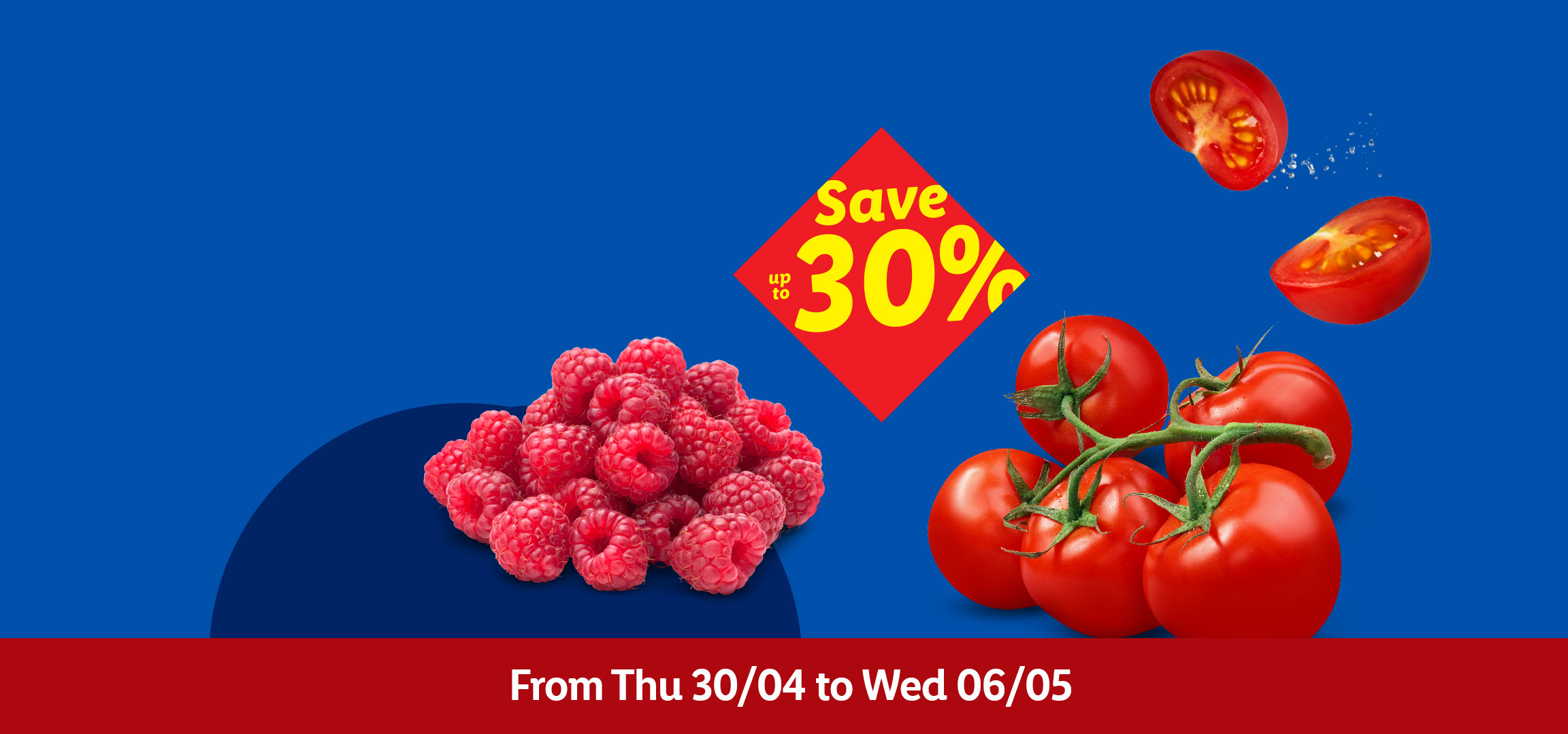 Limes, raspberries, and tomatoes on a blue background with a 'Save up to 30%' offer.