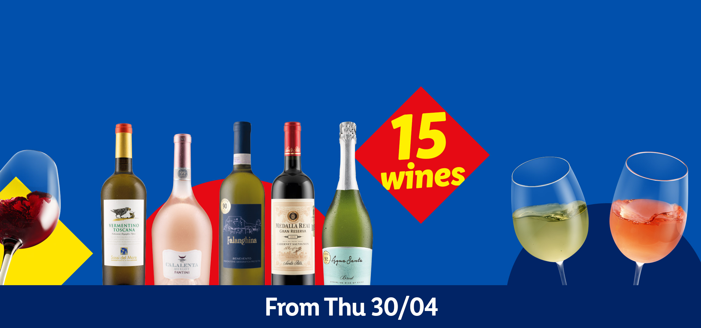 A selection of five wine bottles and two wine glasses, with a '15 wines' label and a date.