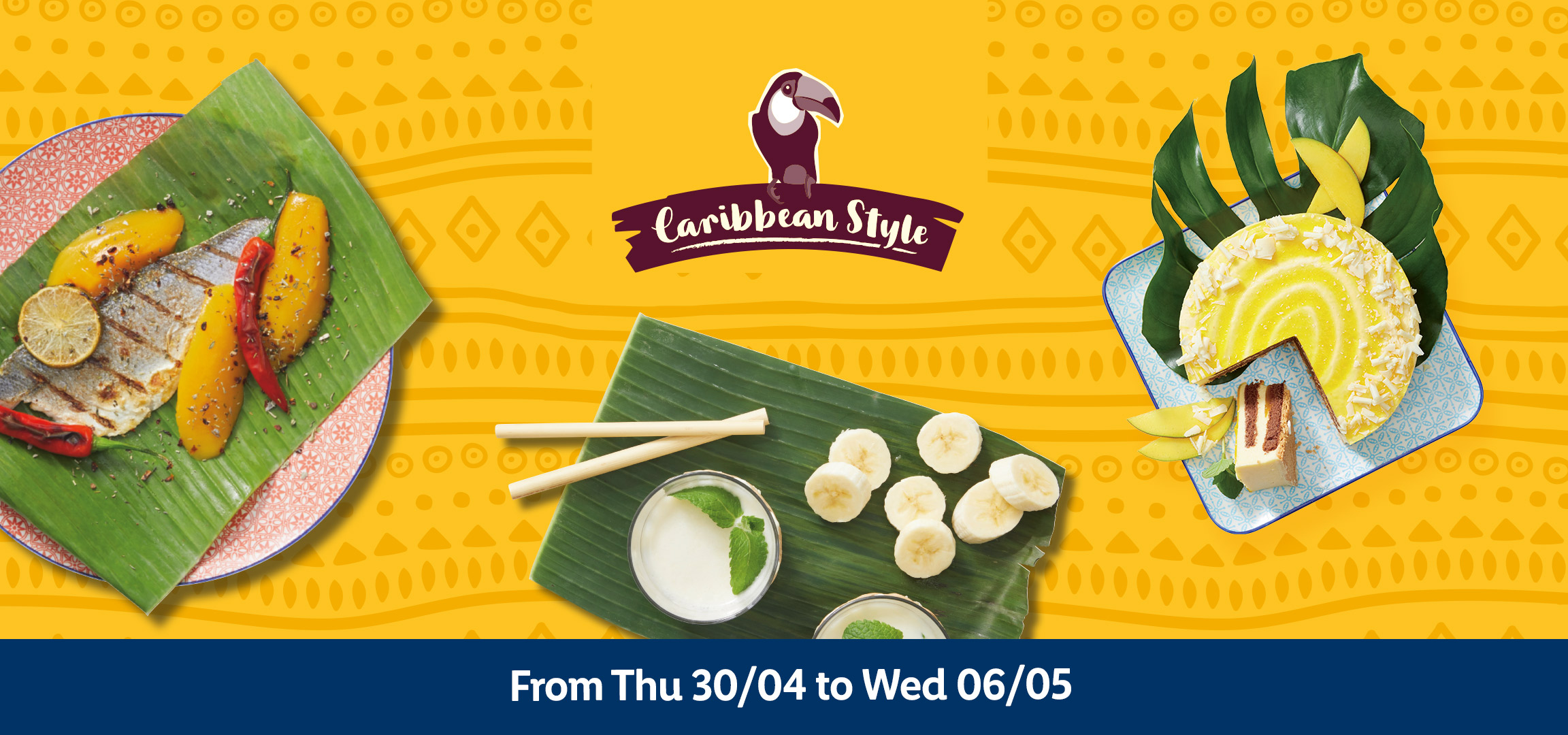 Caribbean Style food banner with grilled fish, mango, chili, and a mango cheesecake.