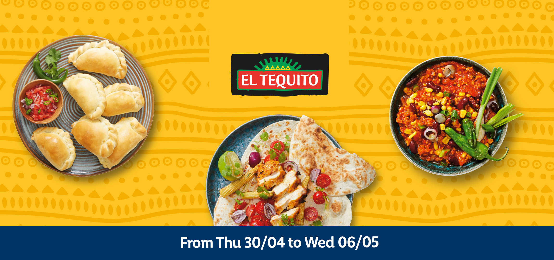 Empanadas and chili con carne on a yellow background with a blue banner showing dates.