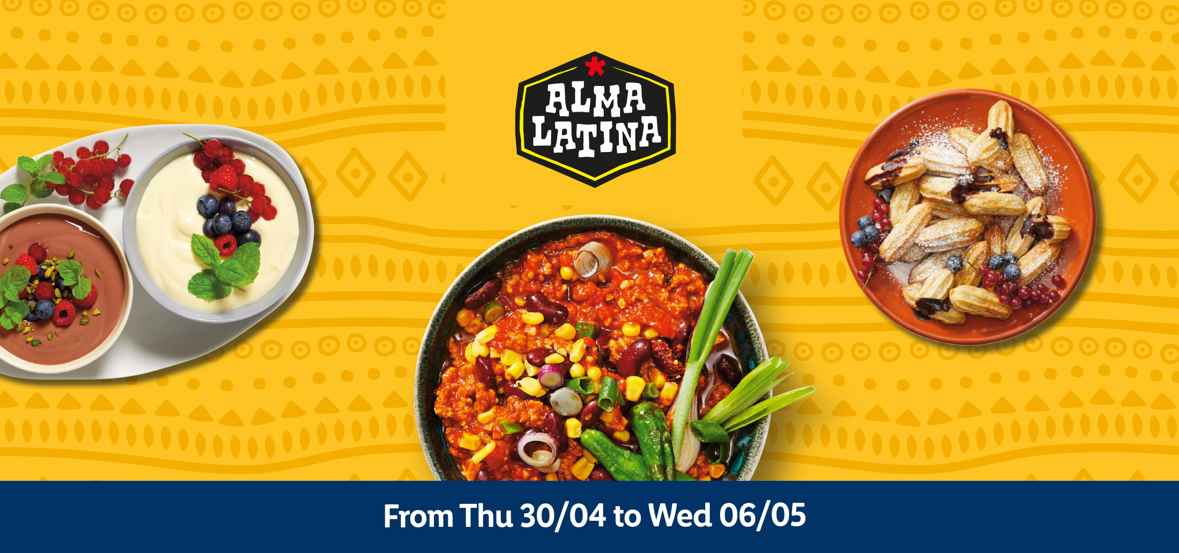 Empanadas and chili con carne on a yellow background with a date banner.