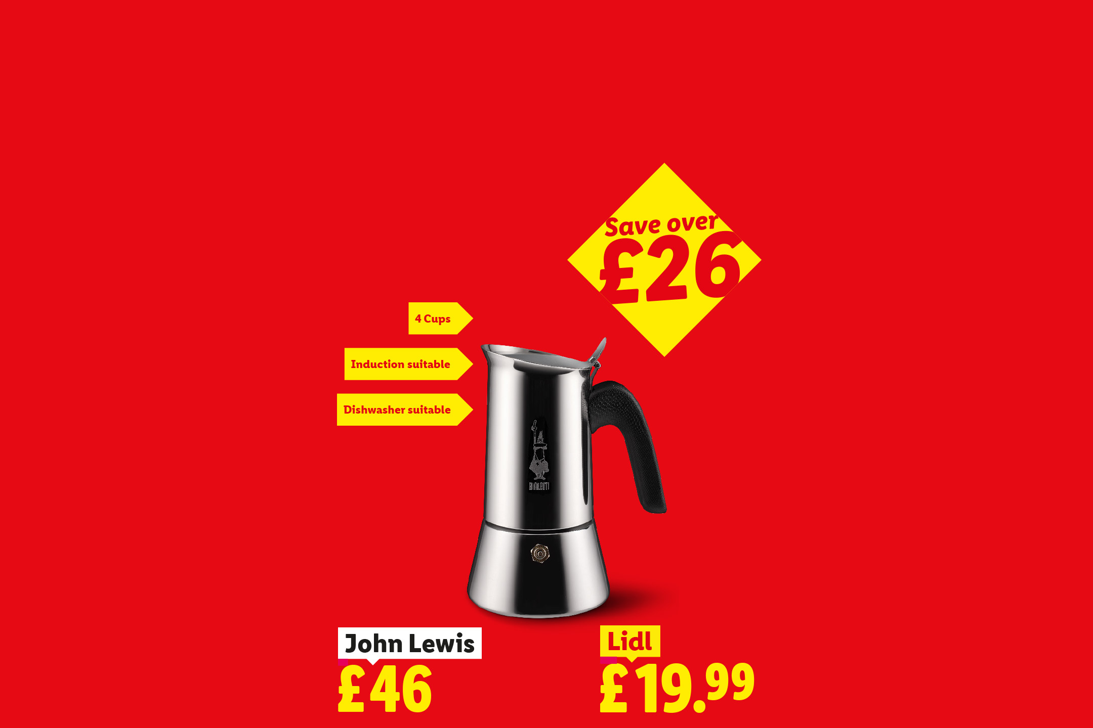 A red background with a silver coffee maker, highlighting its features and price comparison.