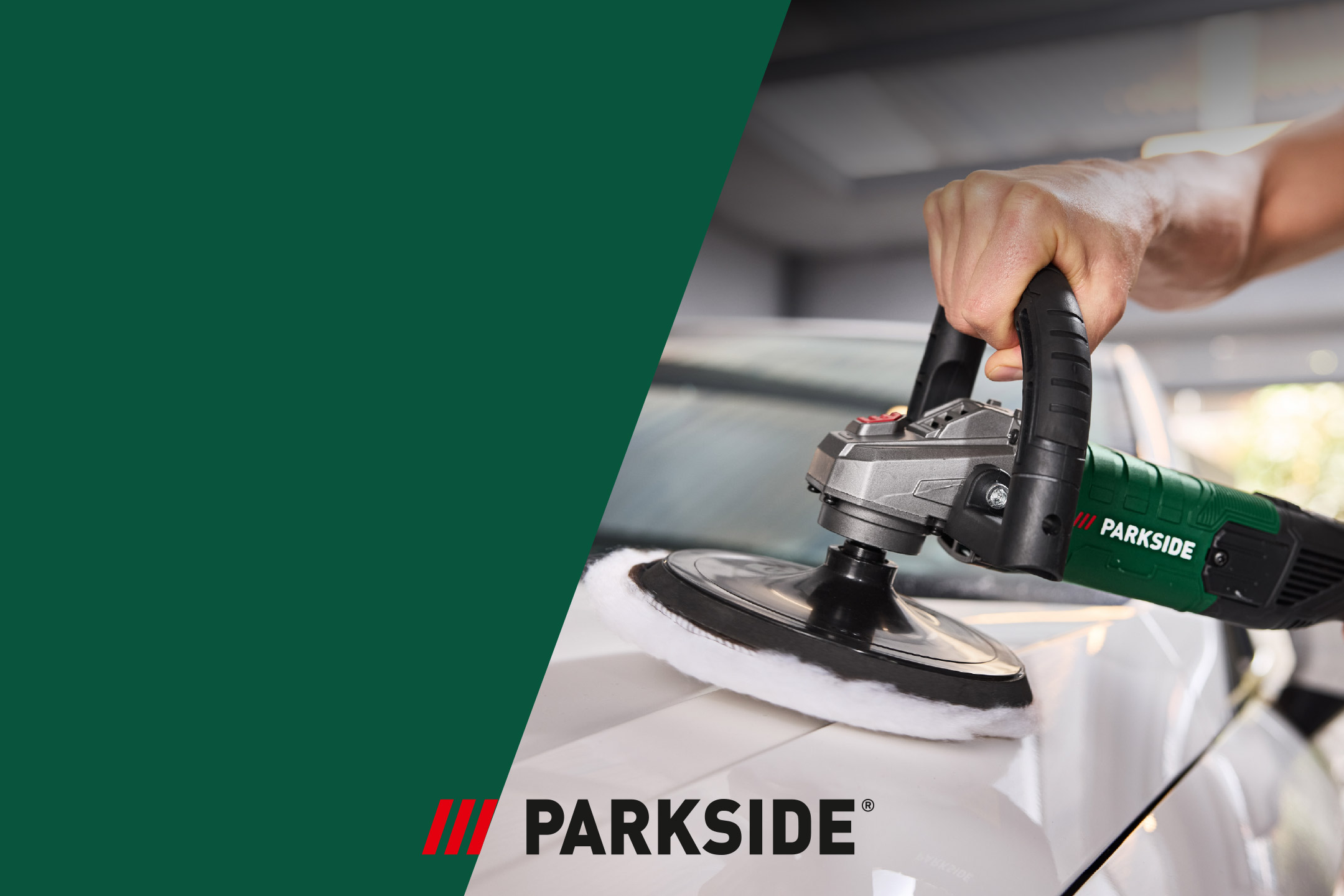 A person polishing a white car with a power tool, with a green background on the left.