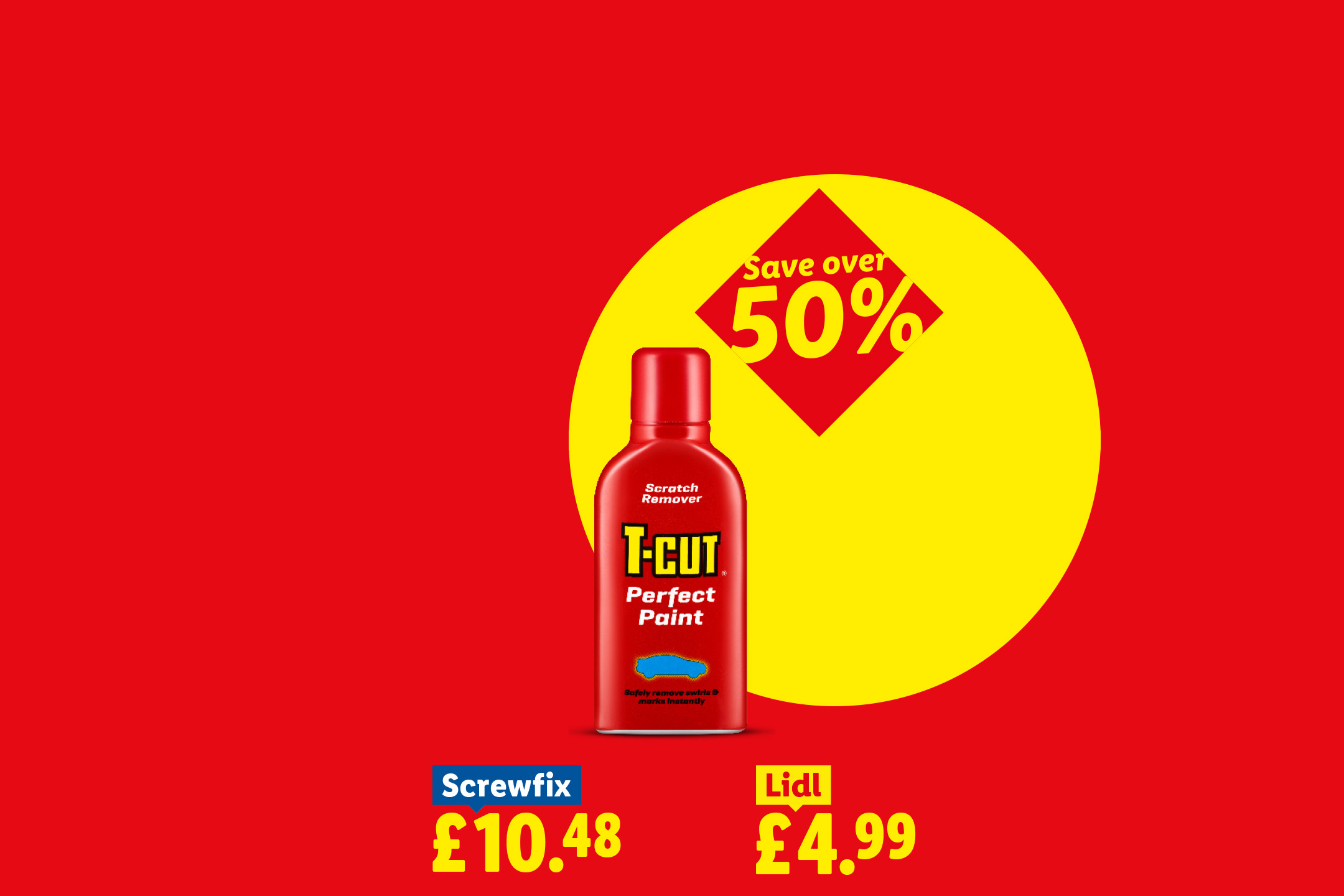 Red bottle of scratch remover for paint, with a yellow circle showing 'Save over 50%' and prices from two retailers.