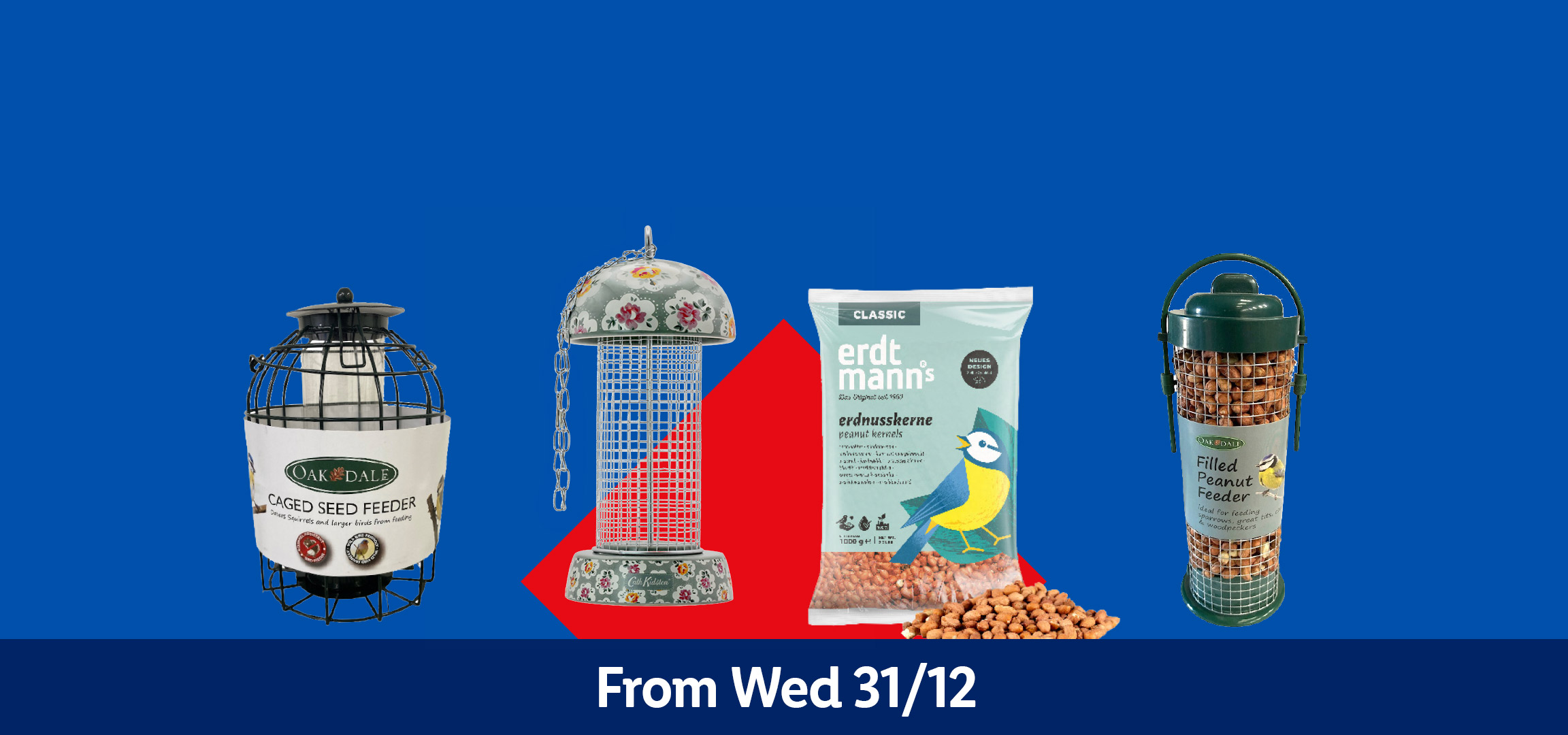 Bird feeders including a peanut feeder, caged seed feeder, decorative feeder, and peanut kernels.