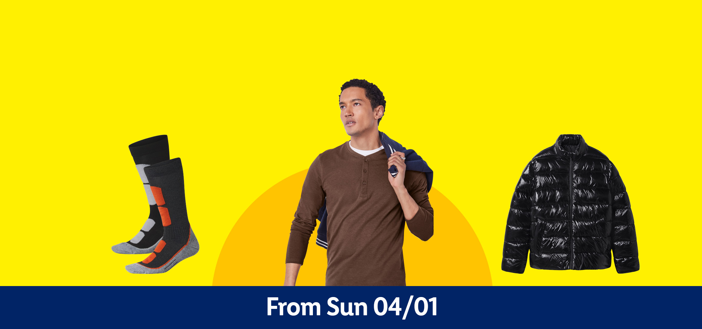 Socks, black puffer jacket, man in brown shirt, woman in red sweater. From Sun 04/01.