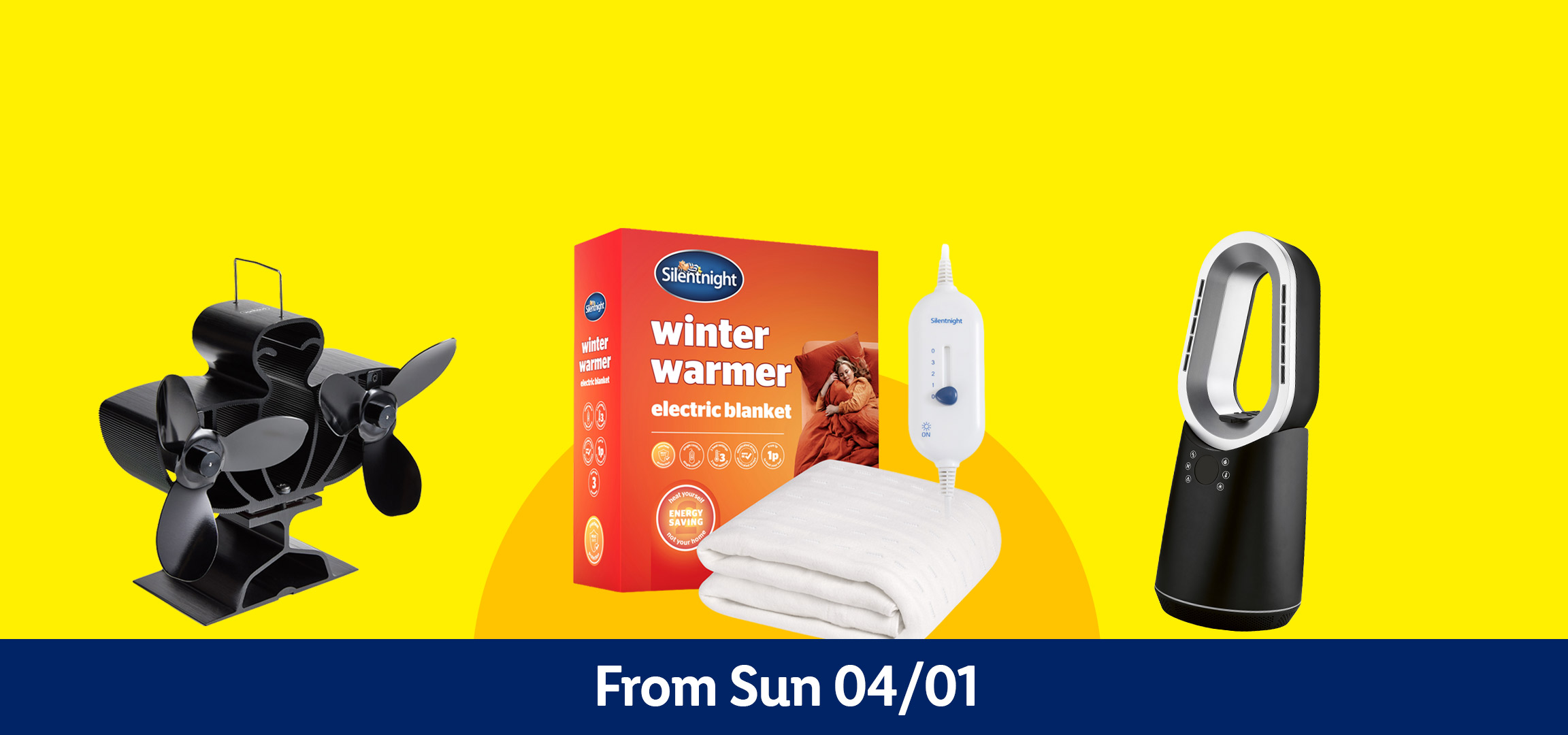 Lidl ad for home heating products: a stove fan, a Silentnight dehumidifier, a Silentnight electric blanket, and a bladeless fan. Available from Sunday 04/01.