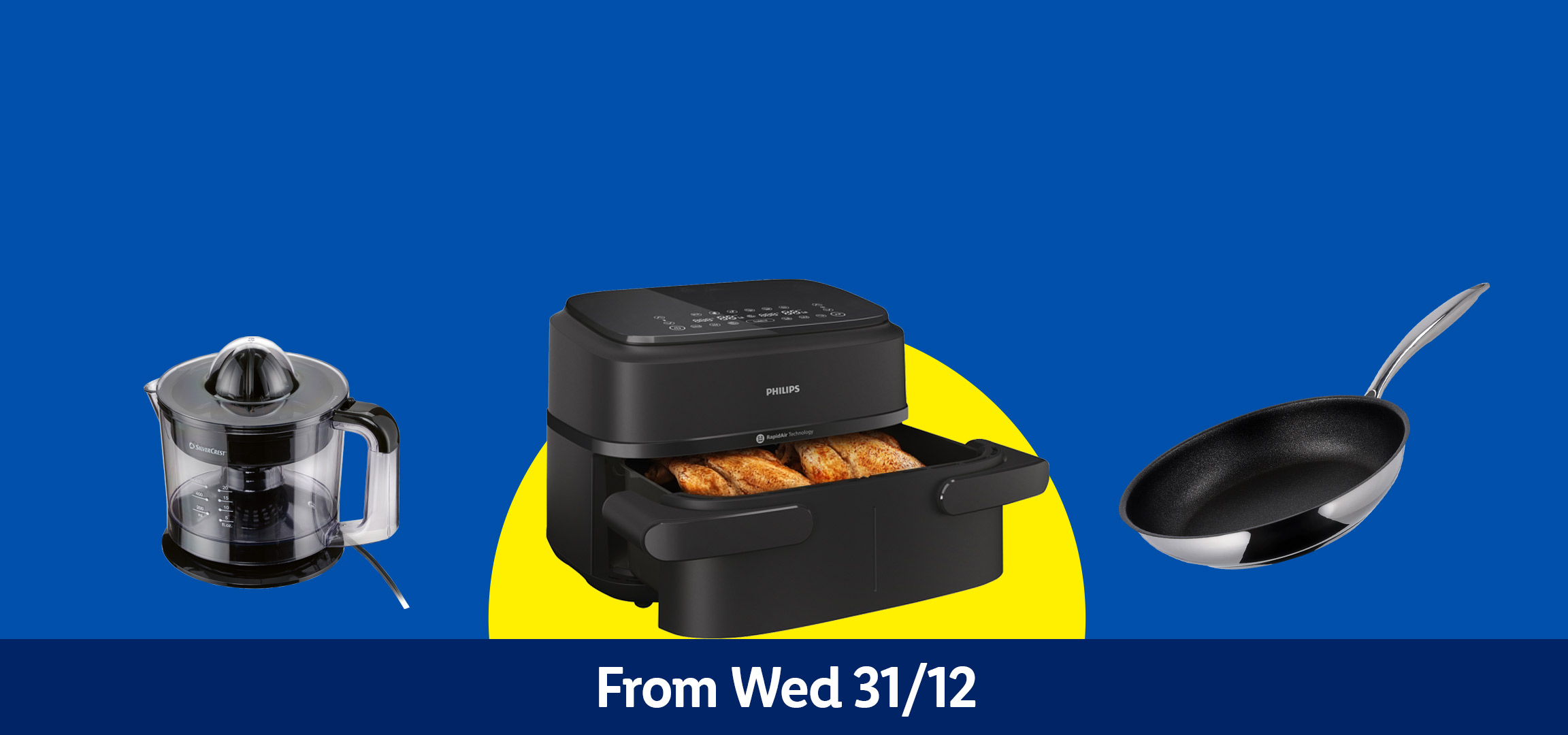 Kitchen appliances: Philips air fryer, egg cooker, frying pan, and citrus juicer. From Wed 31/12.