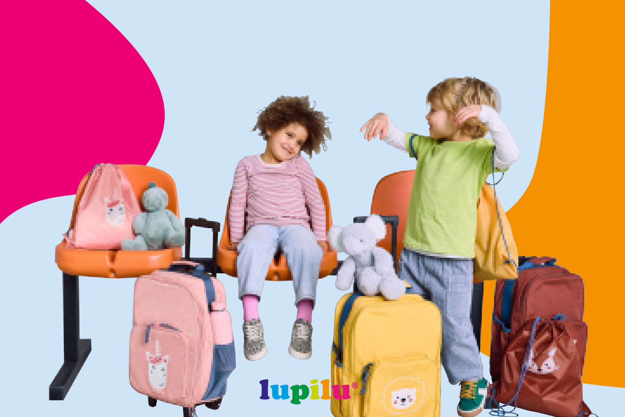 Two children with colorful backpacks and suitcases, ready for travel or school.