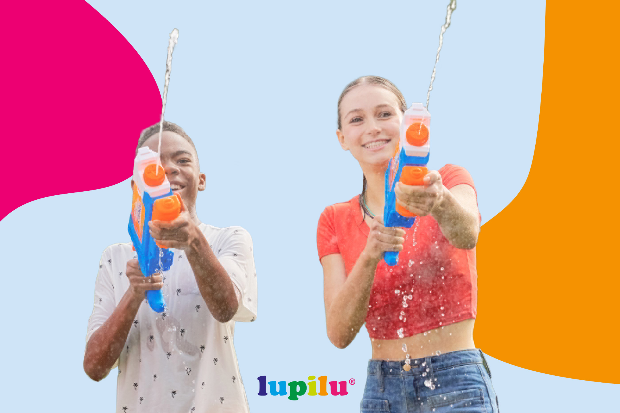 Two children playing with water guns, smiling and getting wet, with a colorful background.