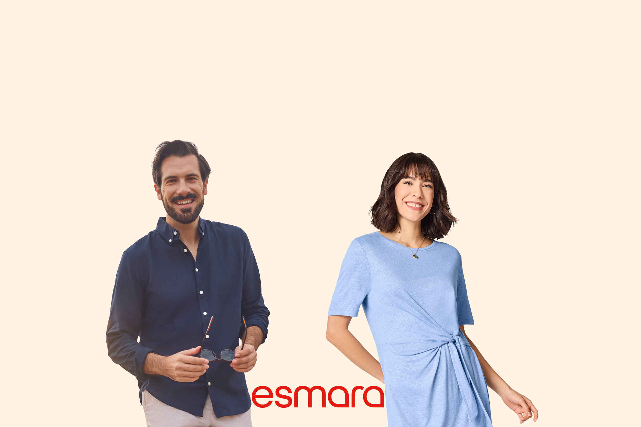 Man in a blue shirt and woman in a light blue dress with a knot detail, smiling.