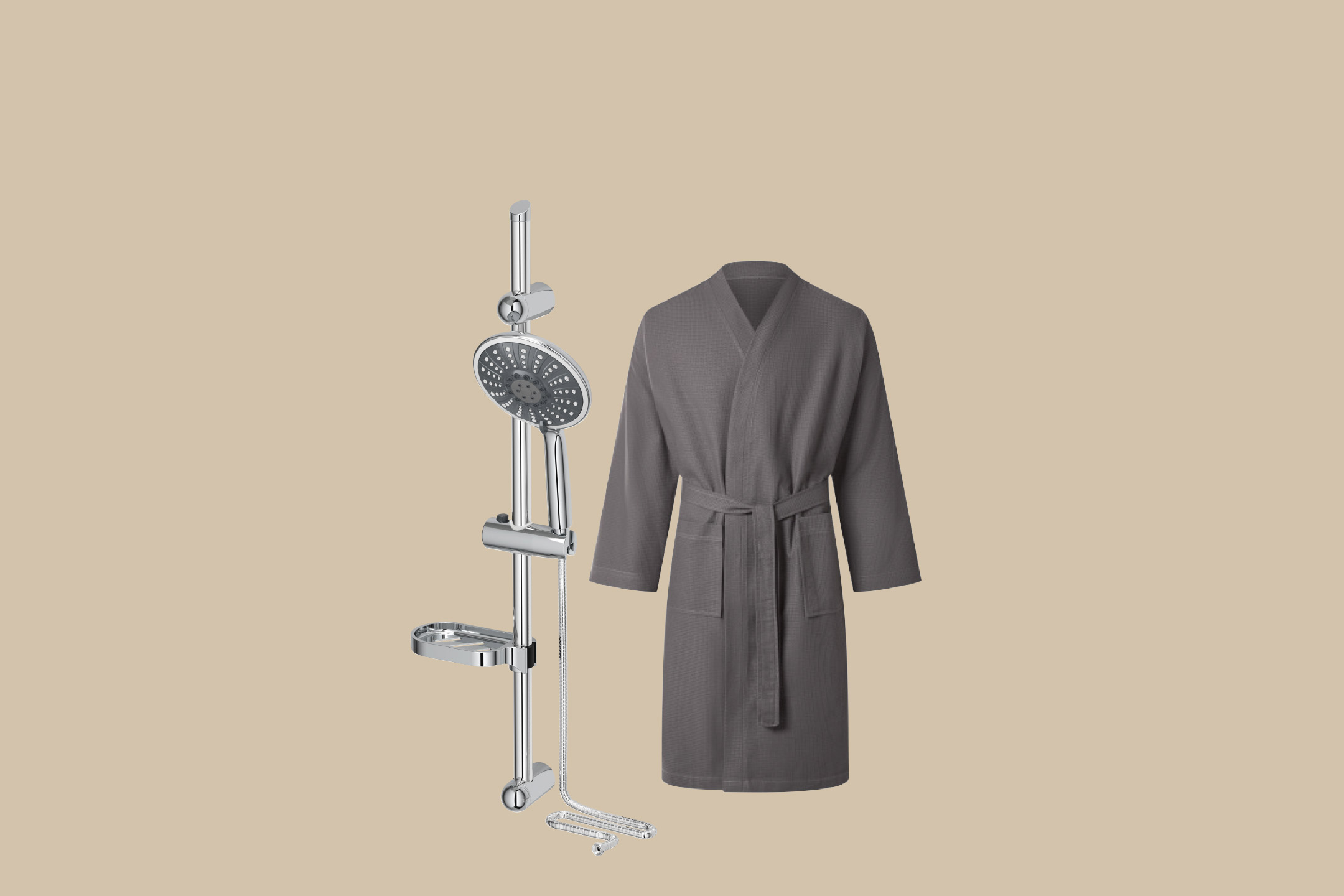 Chrome shower system with a grey waffle-knit bathrobe.