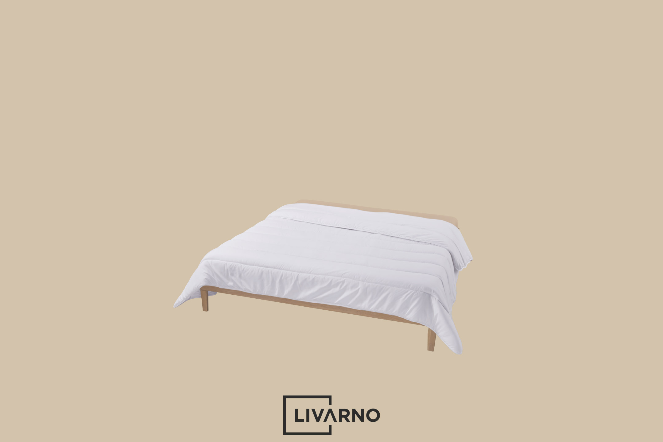A white duvet on a light wooden bed frame against a beige background.