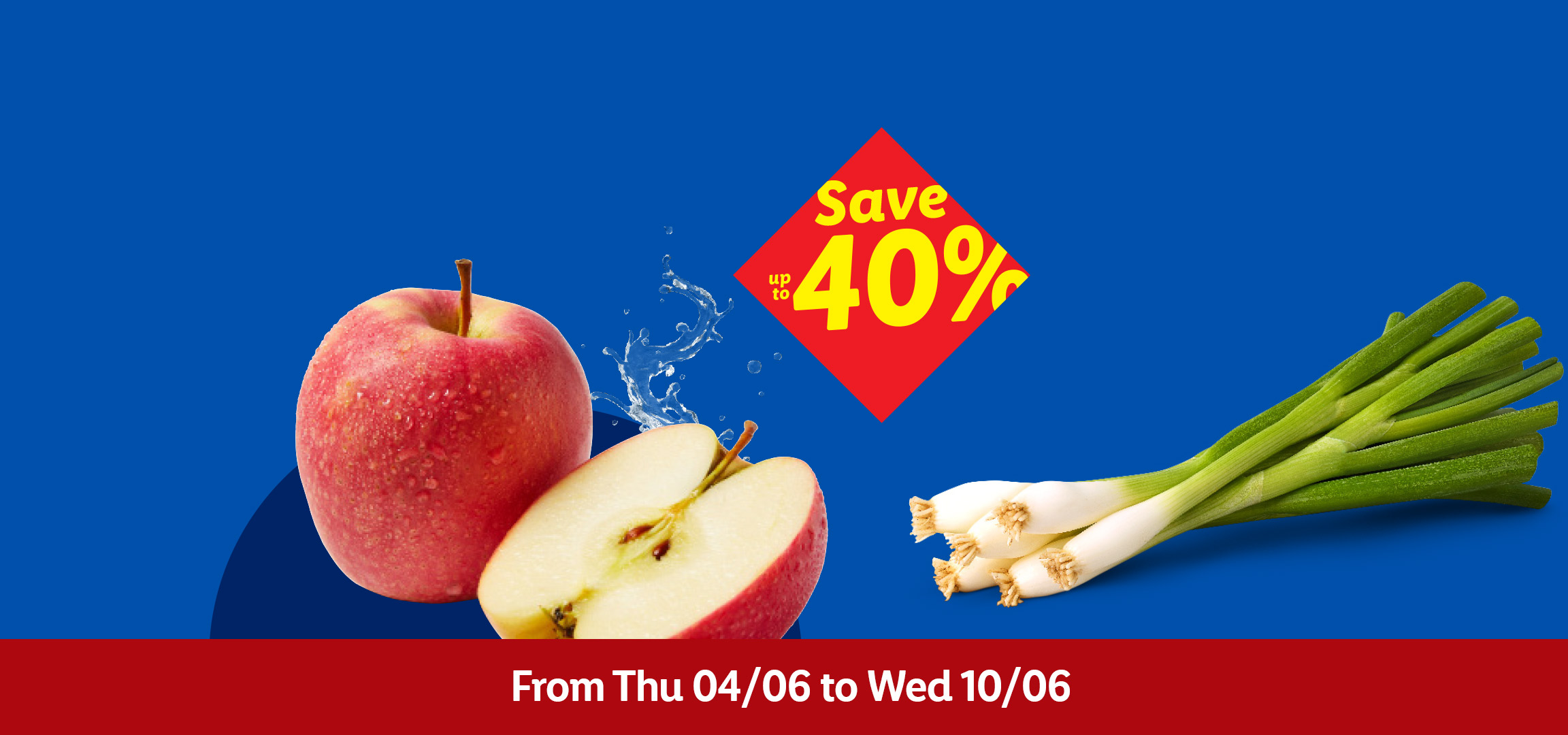 Potatoes, apples, and spring onions with a 'Save up to 40%' offer, valid Thu 04/06 to Wed 10/06.