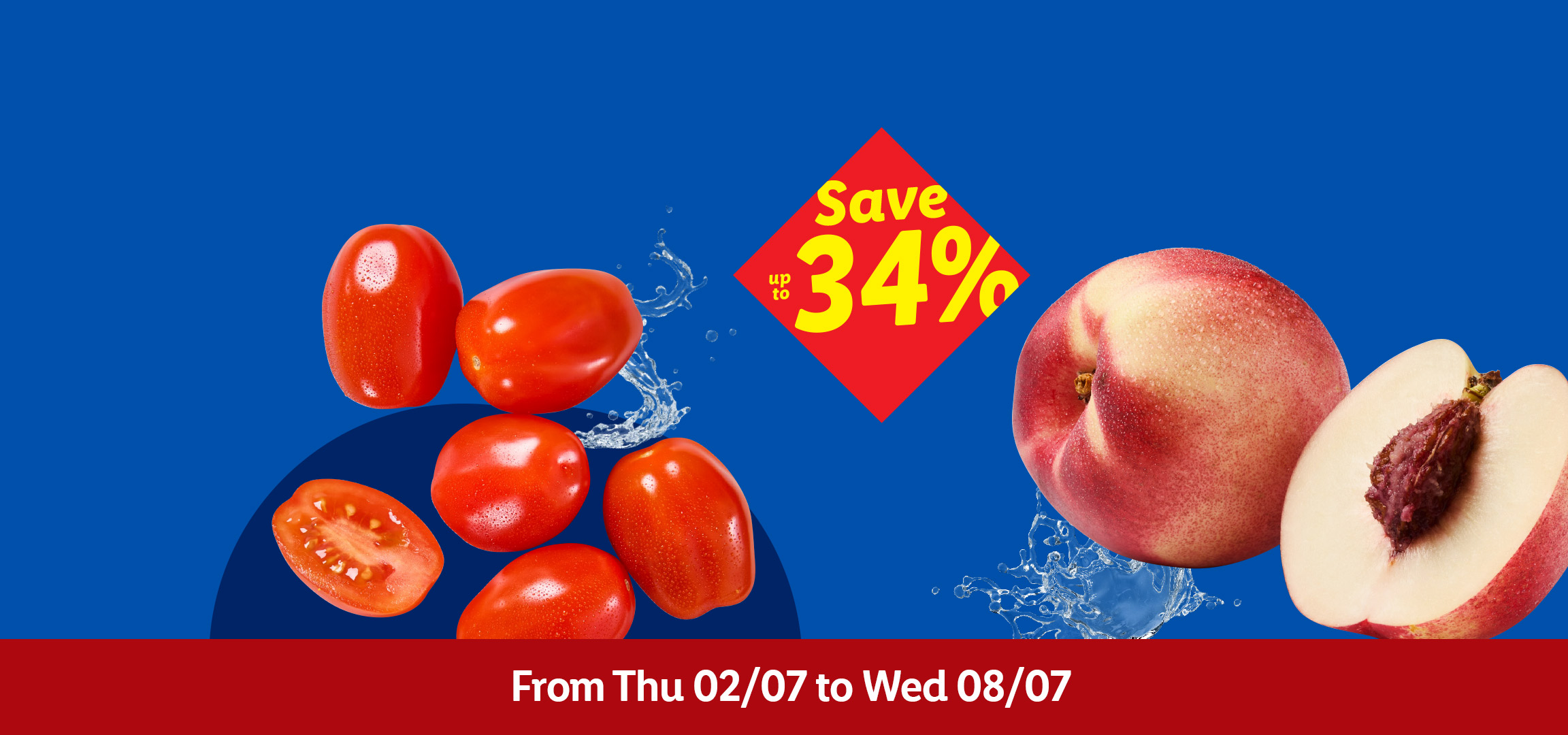Fresh apples, tomatoes, and peaches with water splashes, offering up to 34% savings.